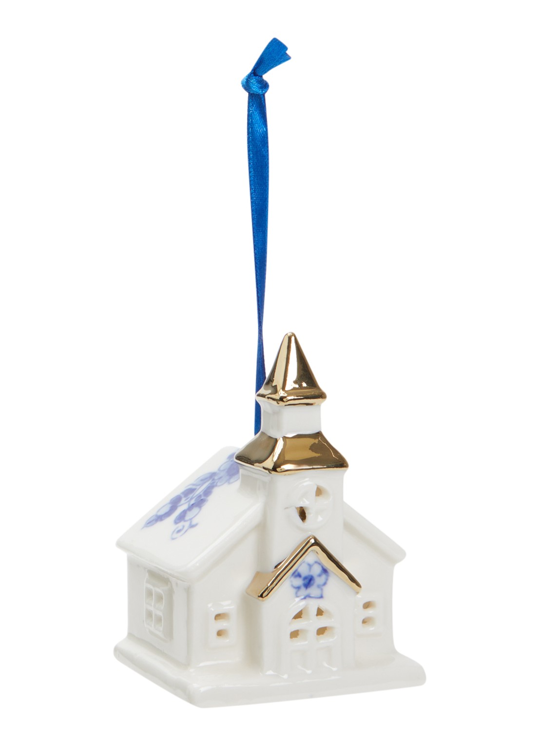 Heinen Delfts Blauw Kerk kersthanger 8 cm - voorkant gebroken wit
