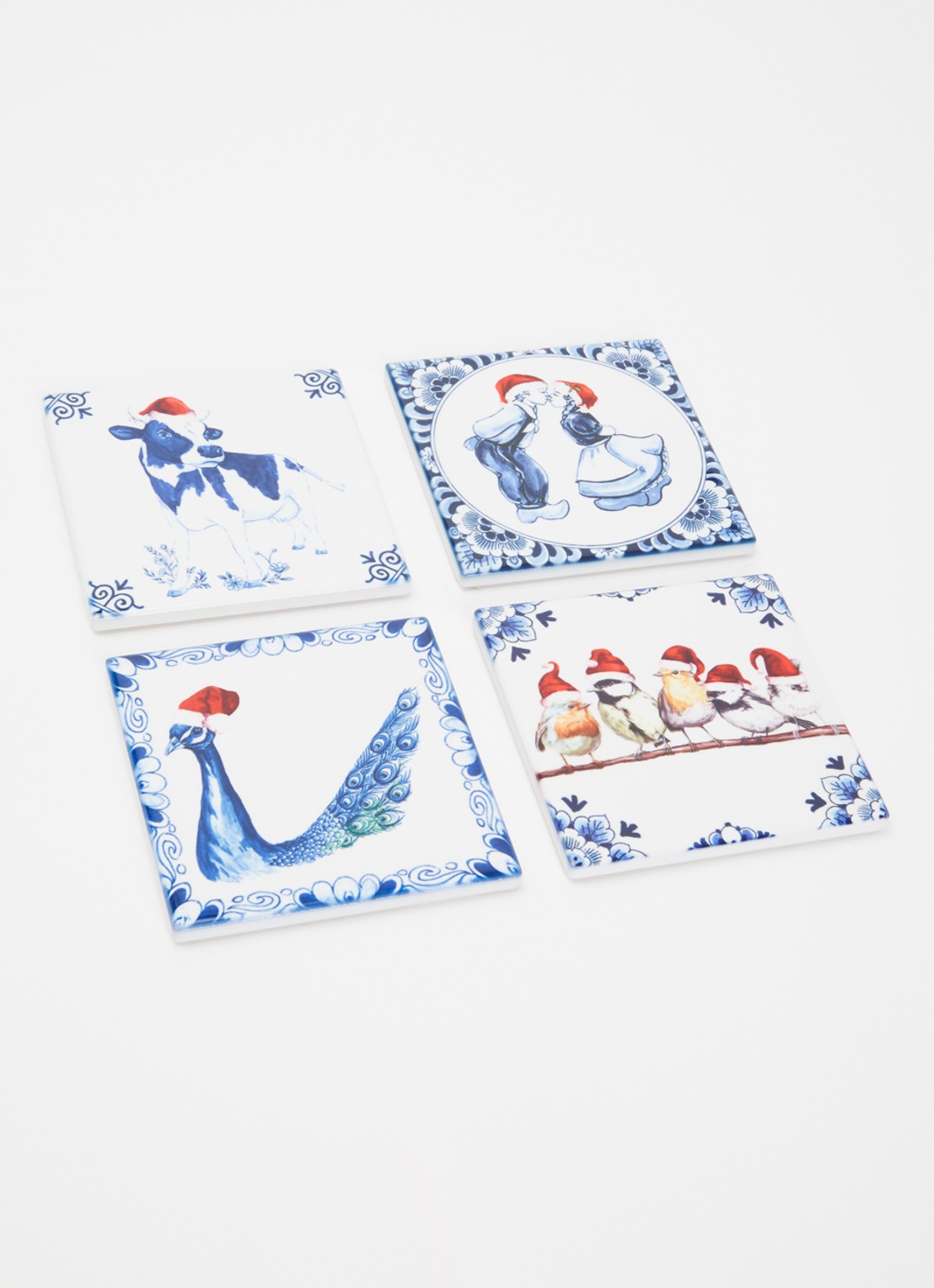 Heinen Delfts Blauw Kerst onderzetter set van 4 - detail 2 gebroken wit