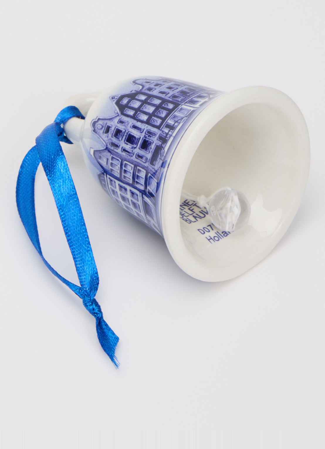 Heinen Delfts Blauw Kerstbel Grachtenpandjes kersthanger 7 cm - detail 2 gebroken wit