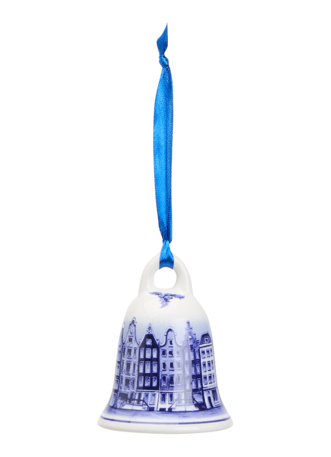 Heinen Delfts Blauw Kerstbel Grachtenpandjes kersthanger 7 cm - voorkant gebroken wit