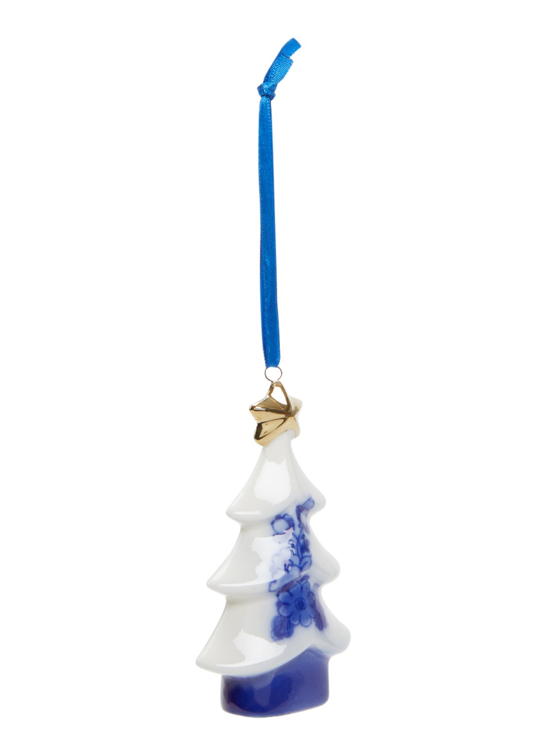 Heinen Delfts Blauw Kerstboom Ster kersthanger 9,5 cm - voorkant gebroken wit