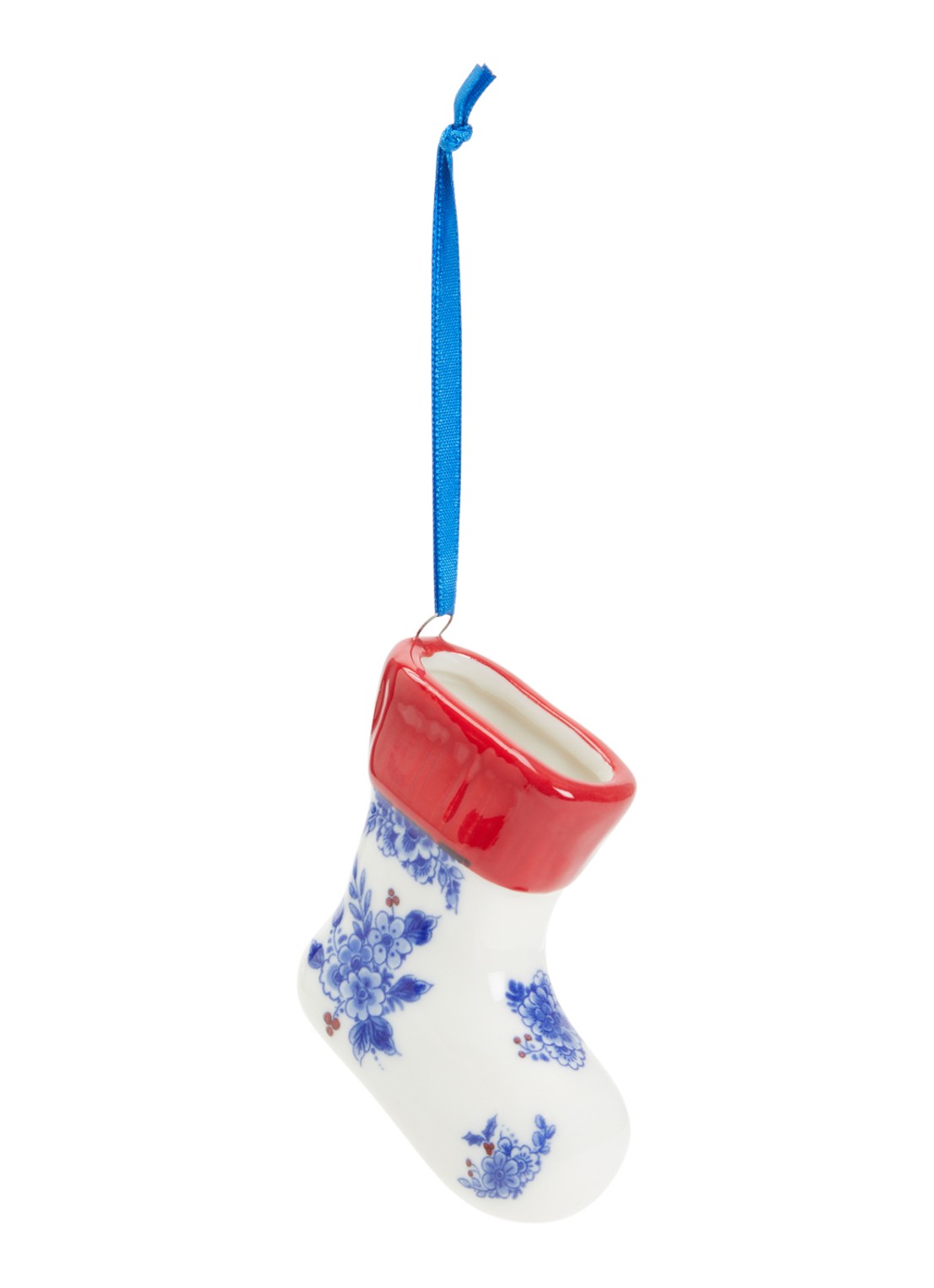 Heinen Delfts Blauw Kerstsok kersthanger 9,5 cm - voorkant gebroken wit