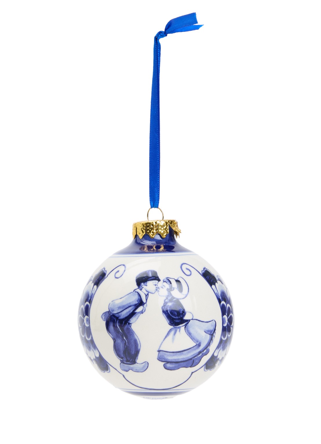 Heinen Delfts Blauw Kuspaar kerstbal 7 cm - voorkant blauw