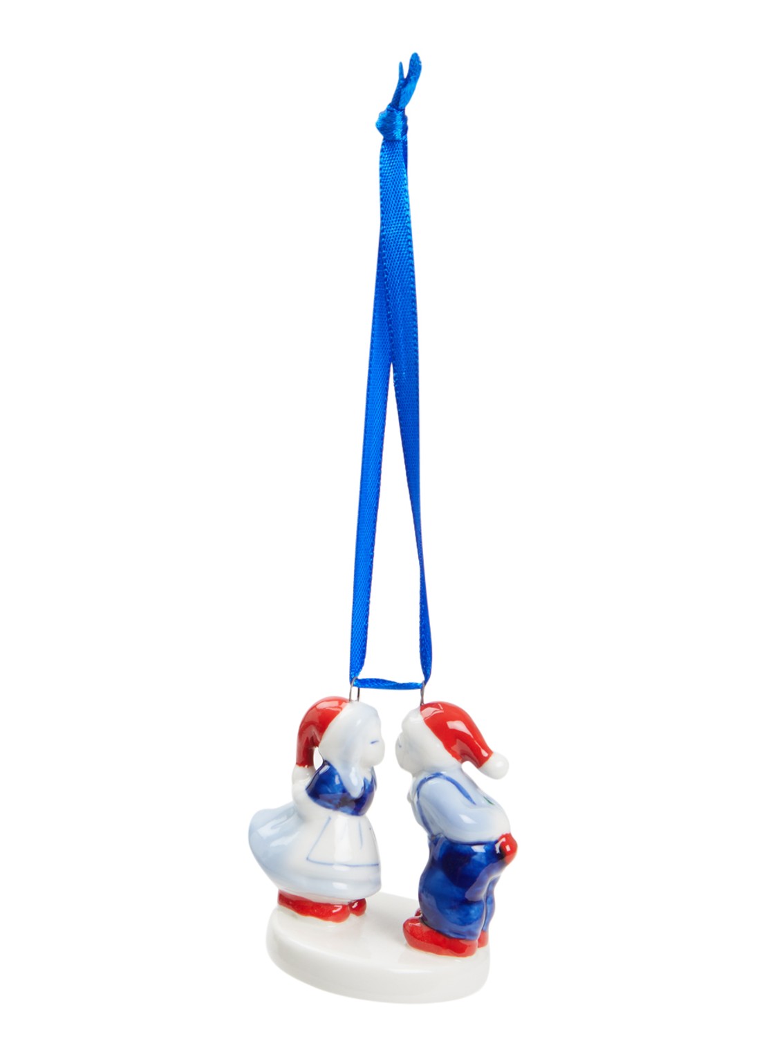 Heinen Delfts Blauw Kuspaar kersthanger 6 cm - voorkant gebroken wit