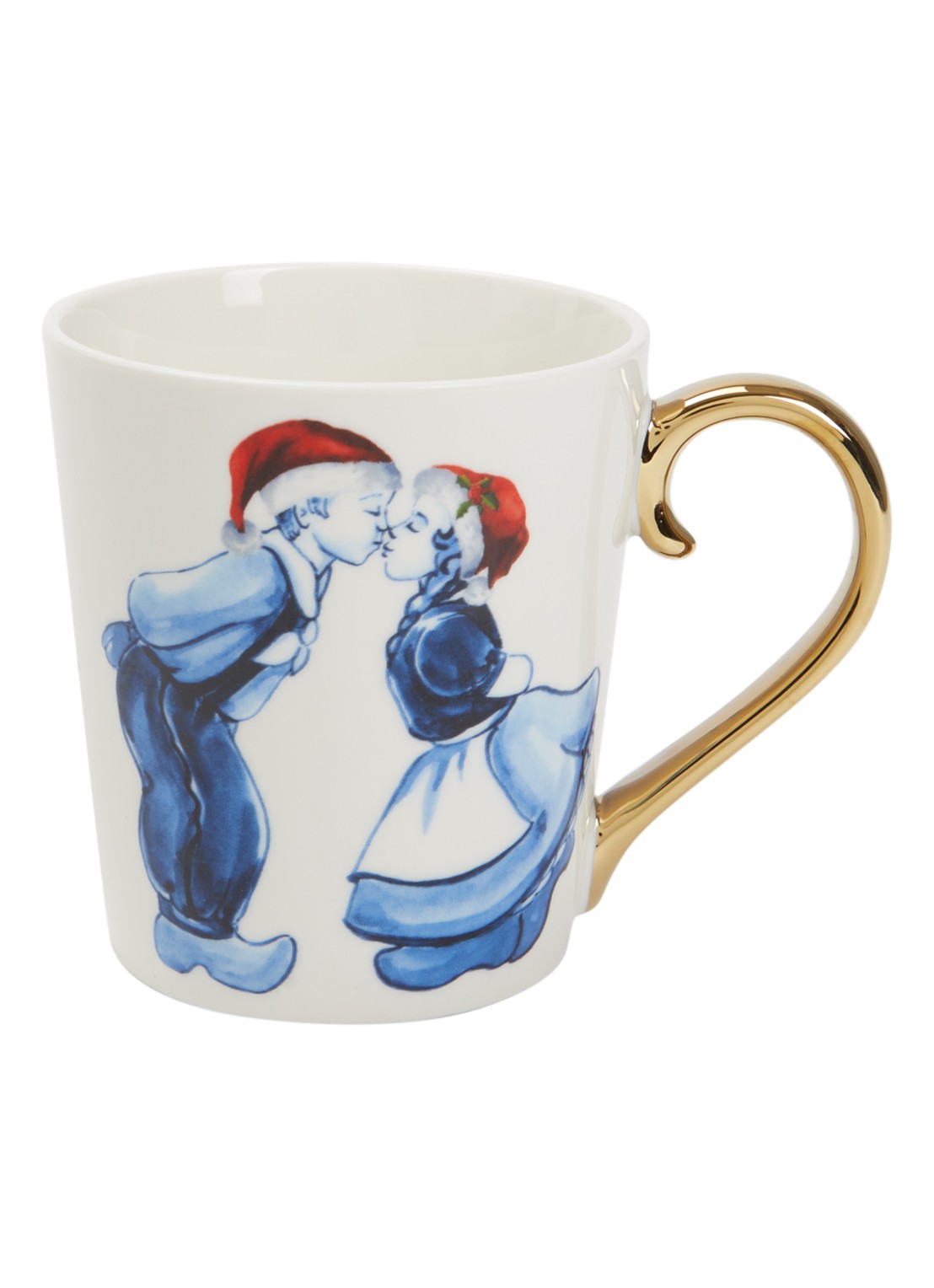 Heinen Delfts Blauw Kuspaar kerstkopje 30 cl - voorkant 2 gebroken wit