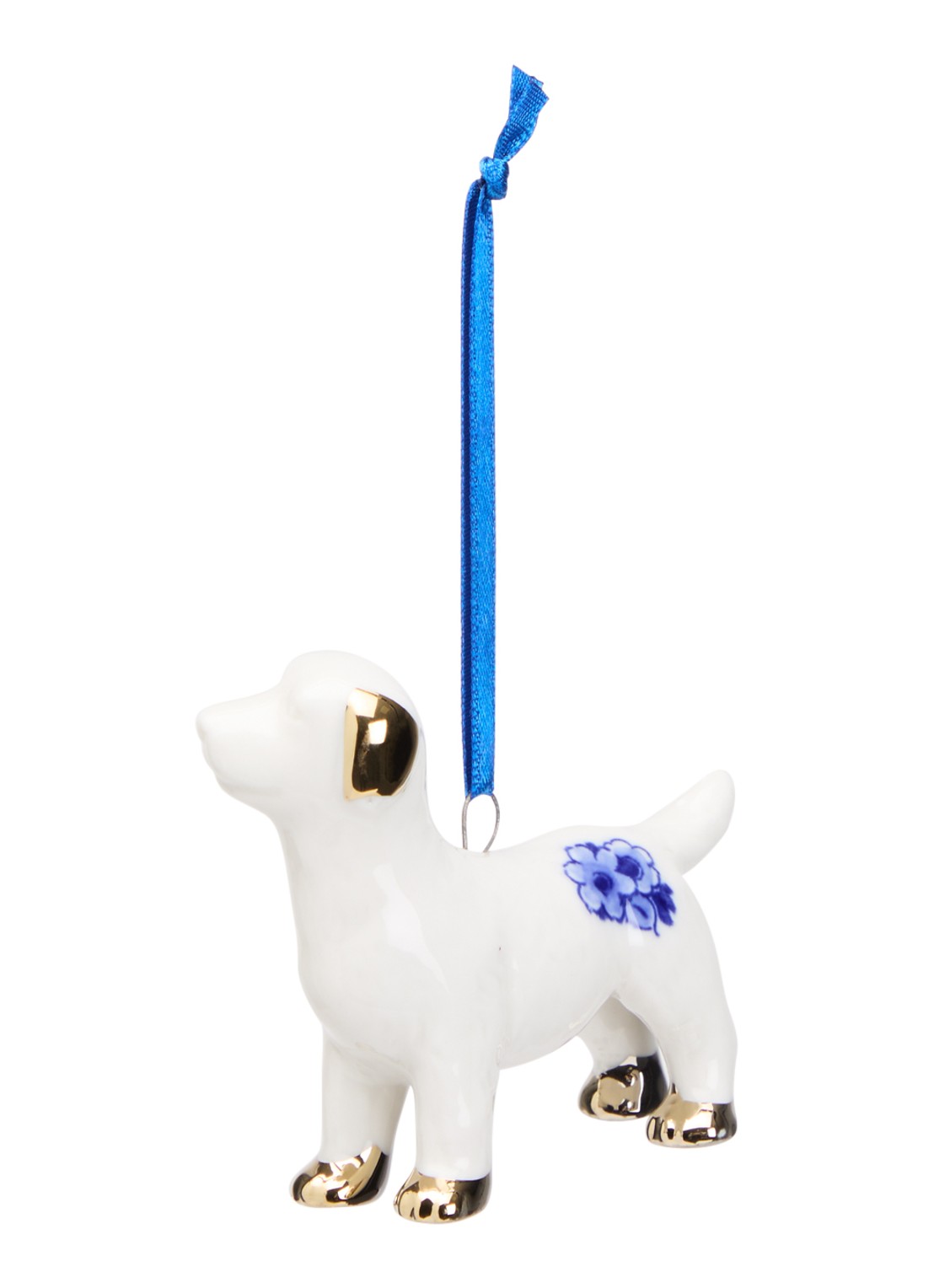 Heinen Delfts Blauw Labrador kersthanger 6 cm - voorkant gebroken wit