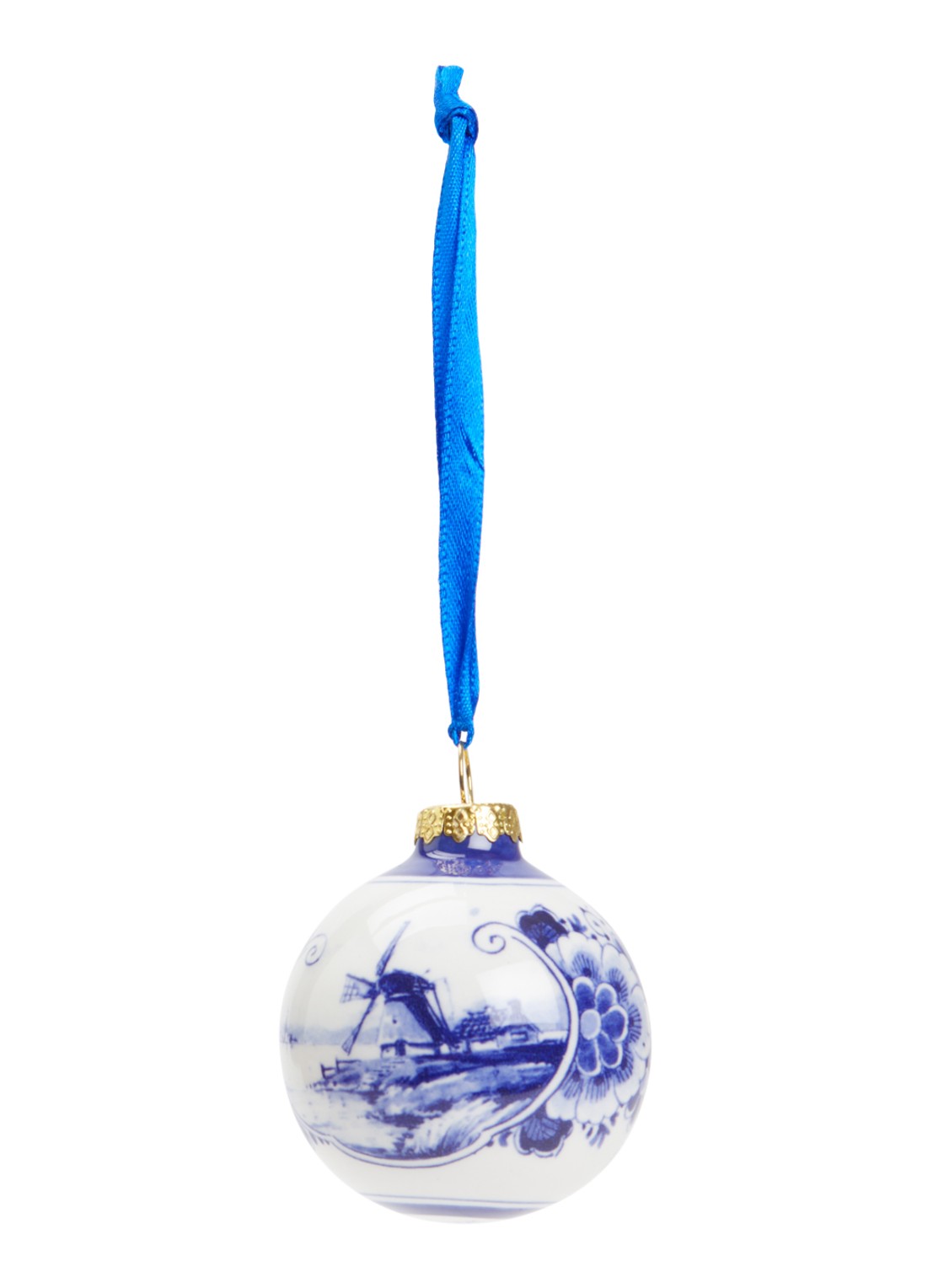 Heinen Delfts Blauw Landschap kerstbal 5 cm - voorkant gebroken wit