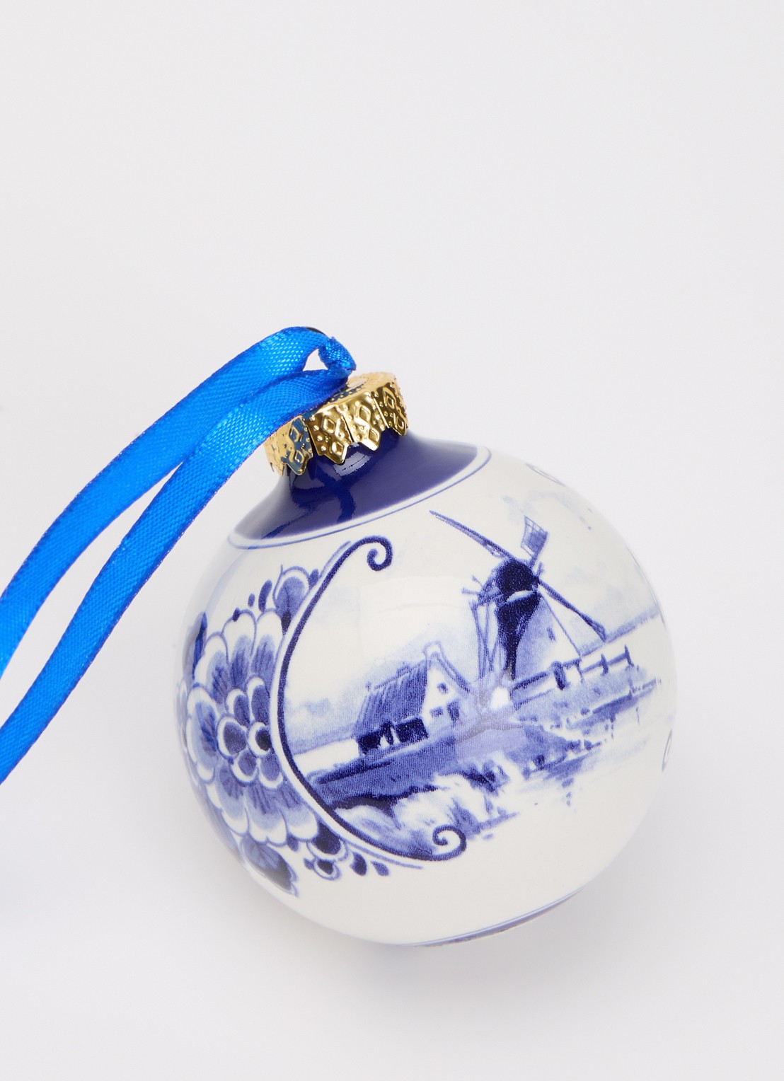 Heinen Delfts Blauw Landschap kerstbal 7 cm - detail 2 gebroken wit