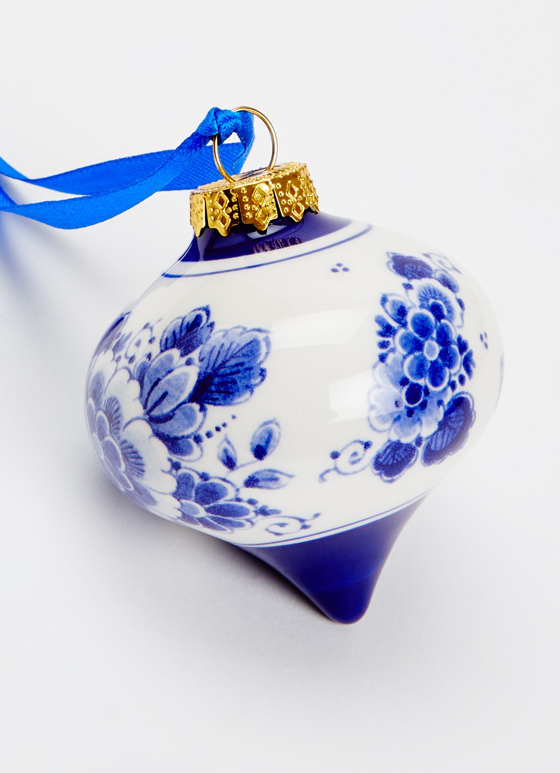 Heinen Delfts Blauw Landschap kerstbal druppel 7 cm - detail gebroken wit