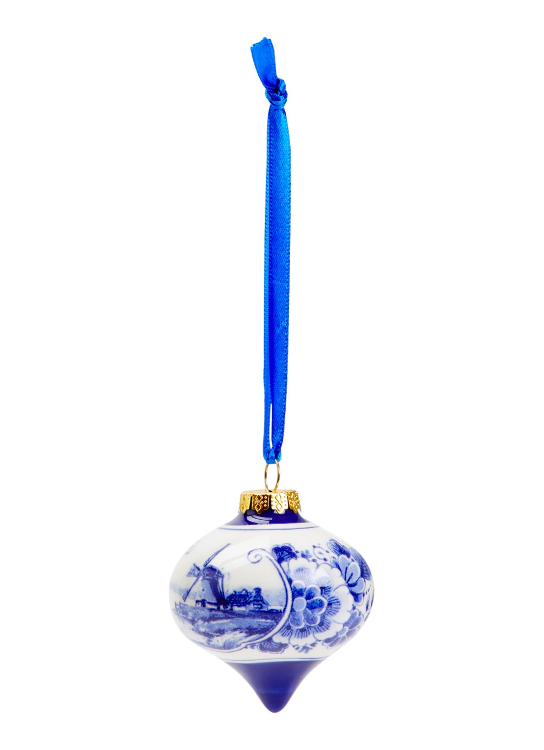 Heinen Delfts Blauw Landschap kerstbal druppel 7 cm - voorkant 2 gebroken wit