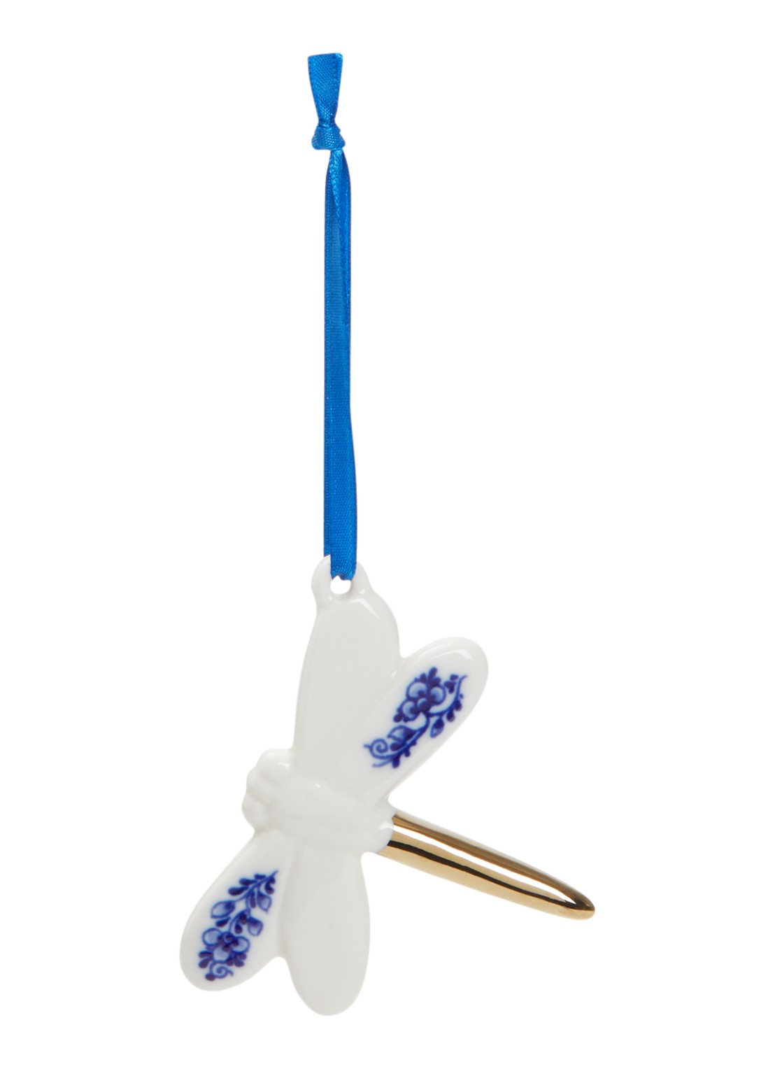 Heinen Delfts Blauw Libelle kersthanger 8 cm - voorkant 2 gebroken wit