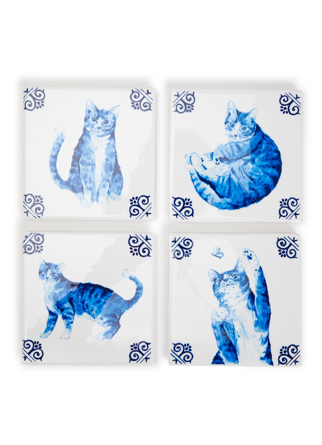 Heinen Delfts Blauw Lieve kat onderzetter set van 4  - voorkant blauw