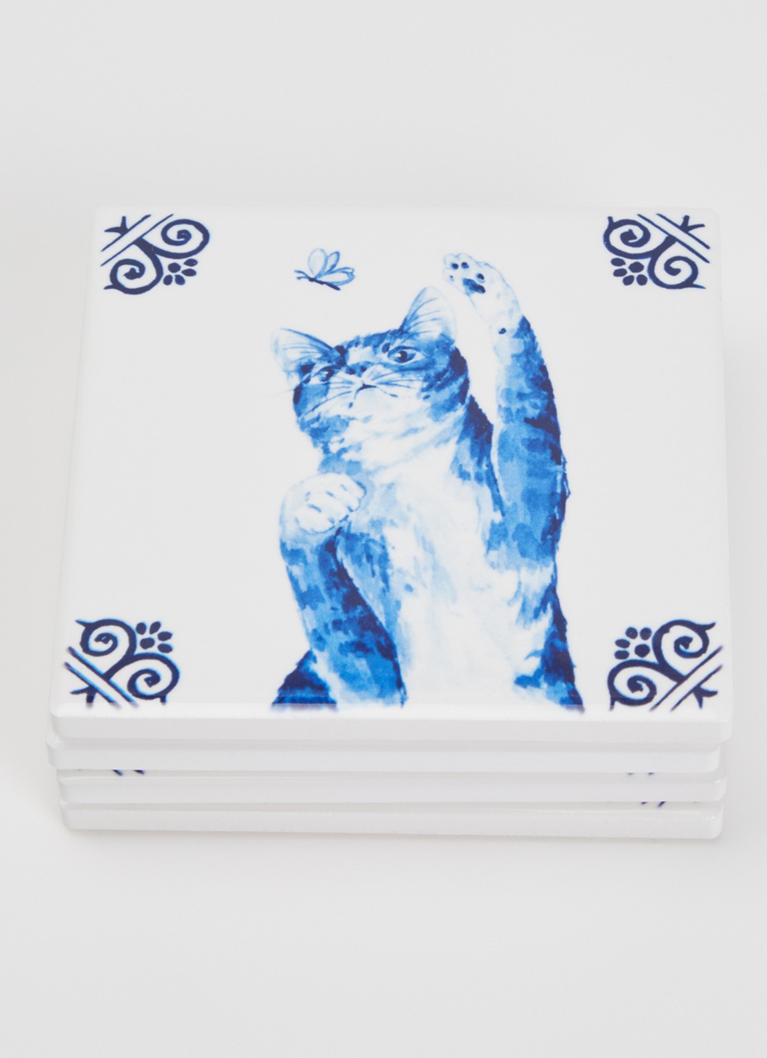 Heinen Delfts Blauw Lieve kat onderzetter set van 4  - voorkant 2 blauw