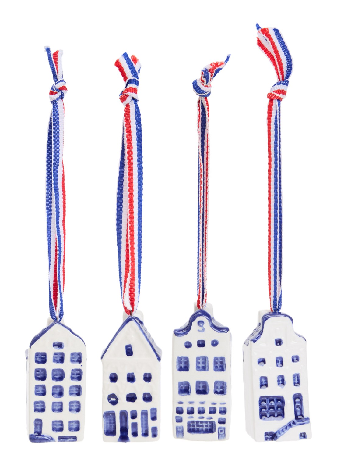 Heinen Delfts Blauw Mini grachtenhuisjes kersthanger 5,5 cm set van 4 - voorkant blauw