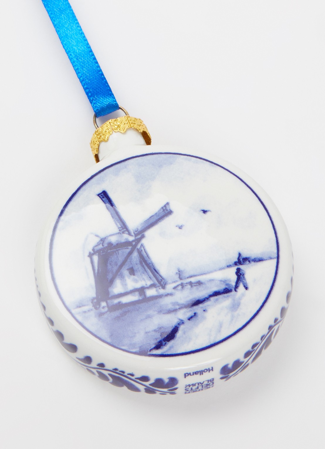 Heinen Delfts Blauw Molen kerstbal plat 6 cm - detail 2 gebroken wit