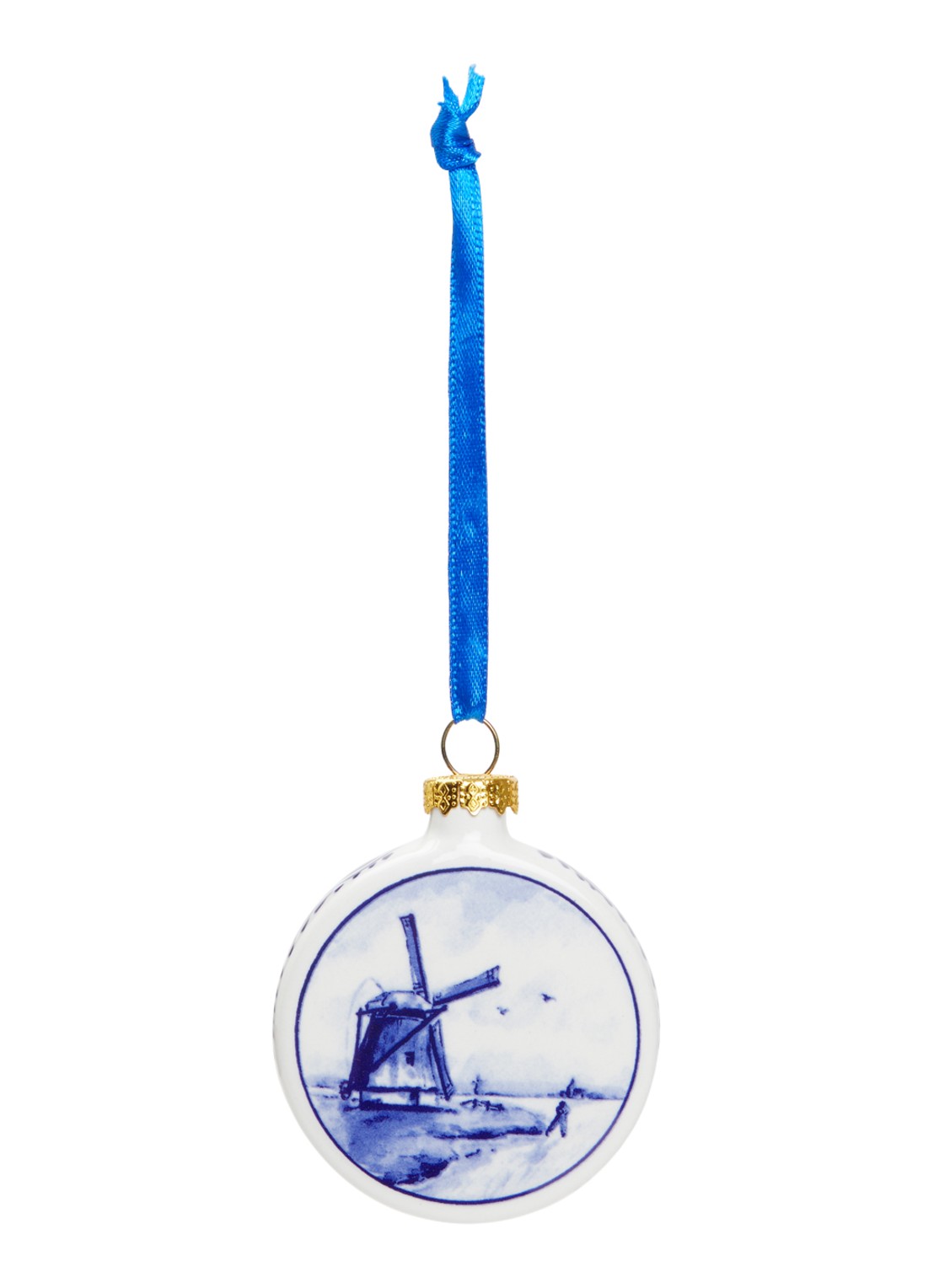 Heinen Delfts Blauw Molen kerstbal plat 6 cm - voorkant gebroken wit