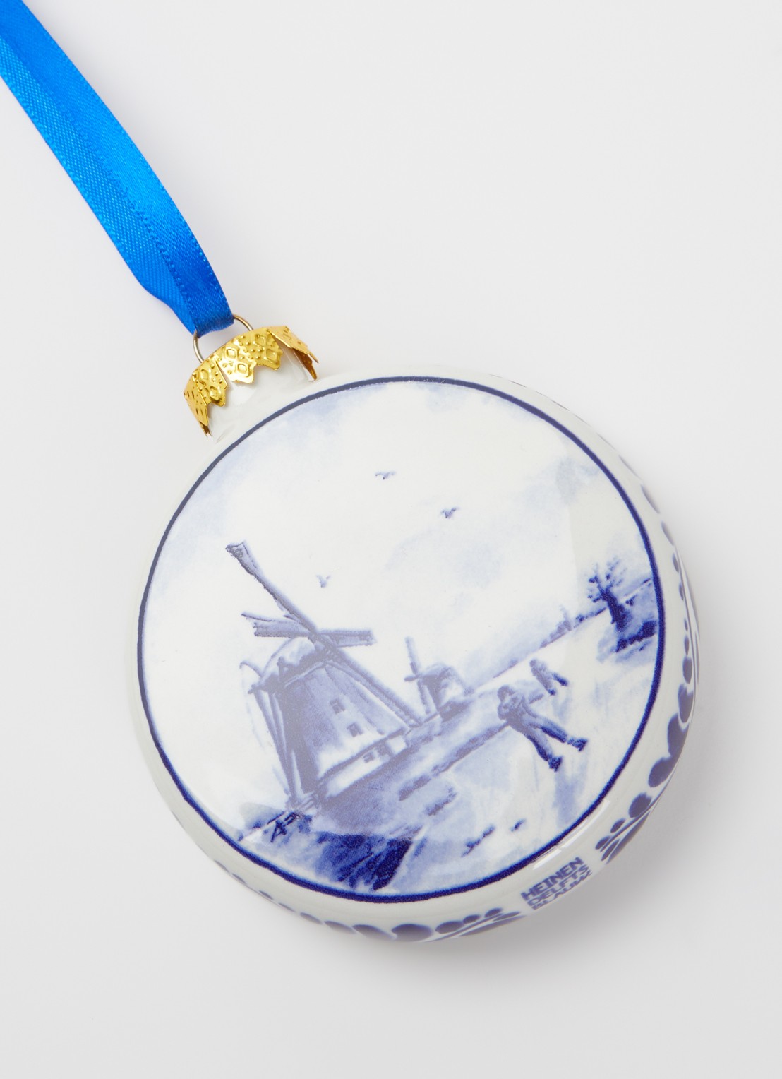 Heinen Delfts Blauw Molen kerstbal plat 8 cm - detail 2 gebroken wit
