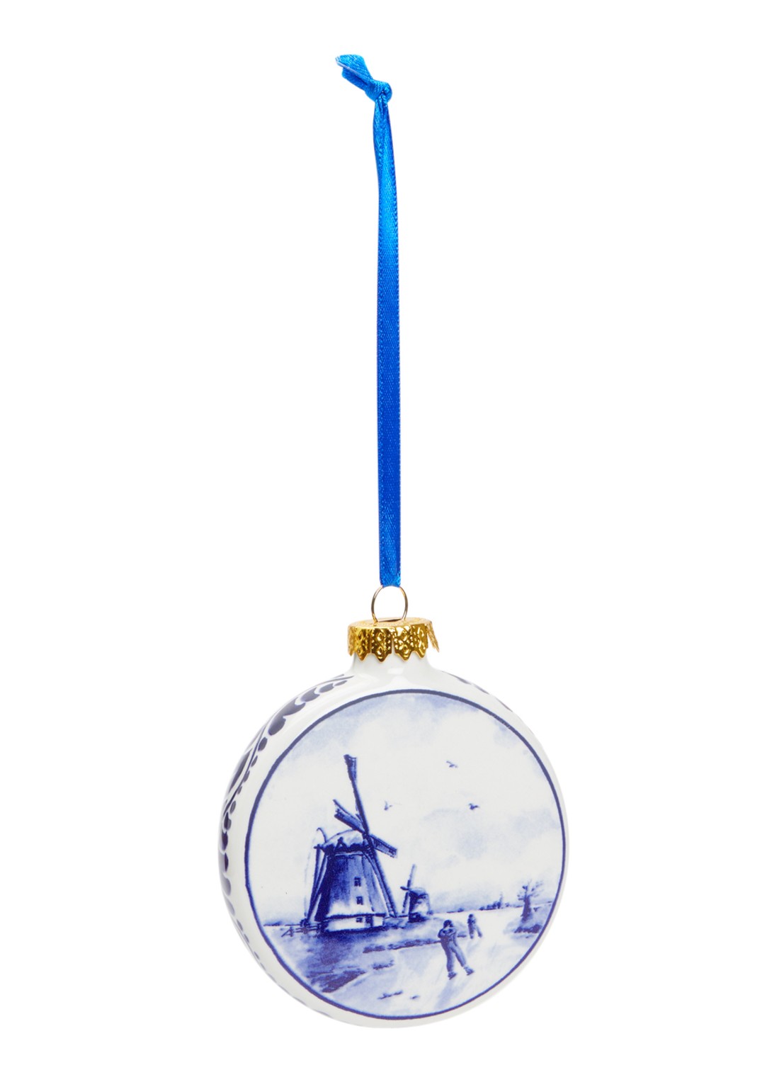 Heinen Delfts Blauw Molen kerstbal plat 8 cm - voorkant gebroken wit