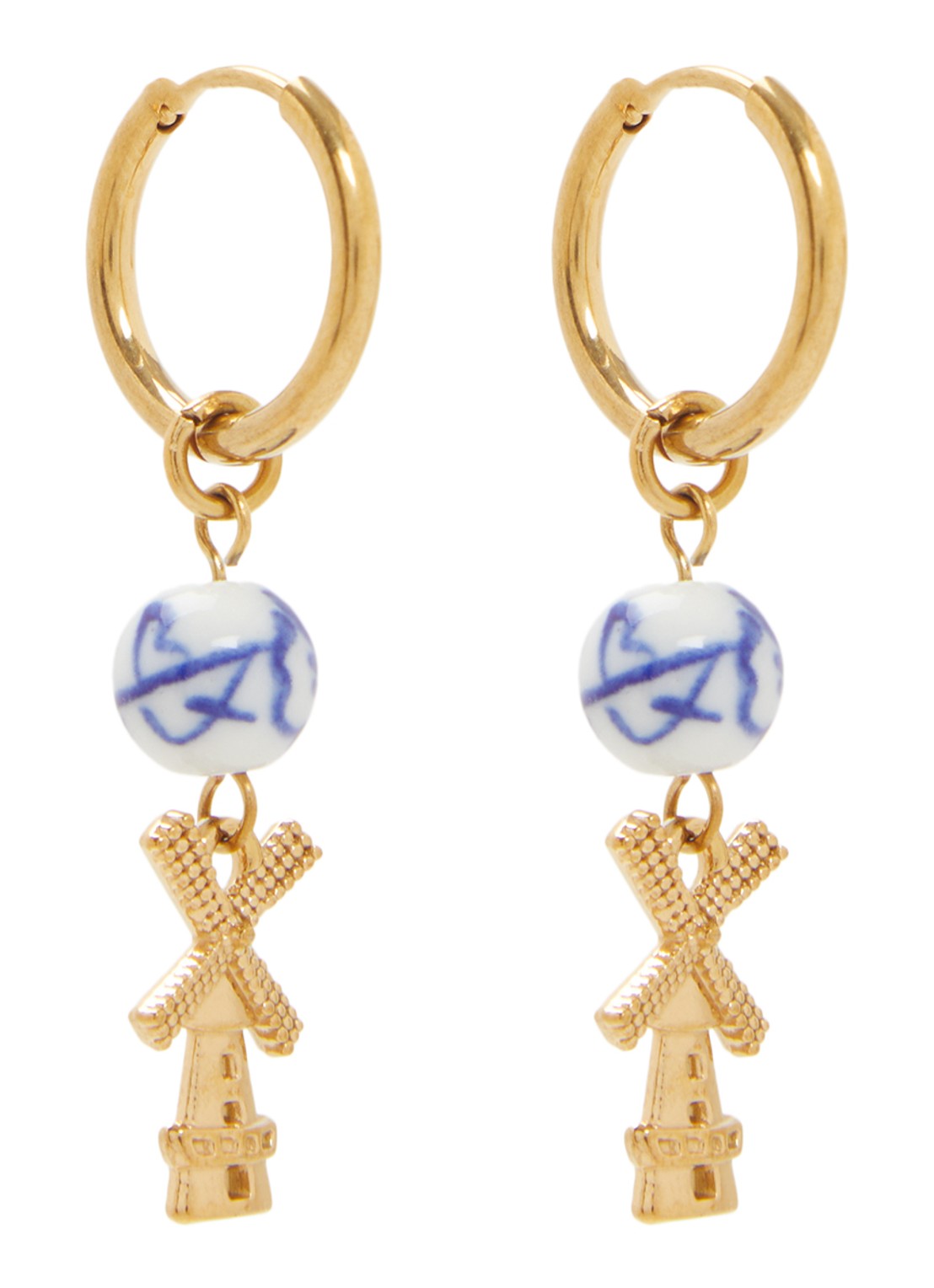 Heinen Delfts Blauw Molen oorringen met hanger - voorkant goud