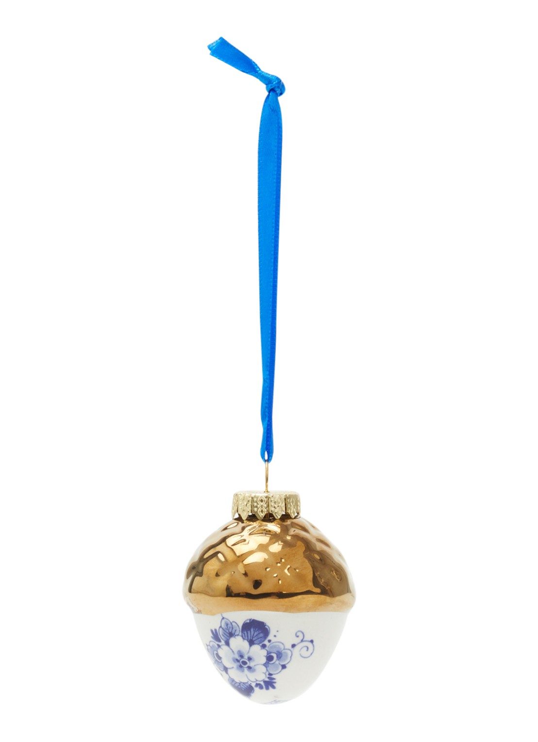 Heinen Delfts Blauw Noot Met Gouden Dopje kersthanger 5,5 cm - voorkant 2 gebroken wit