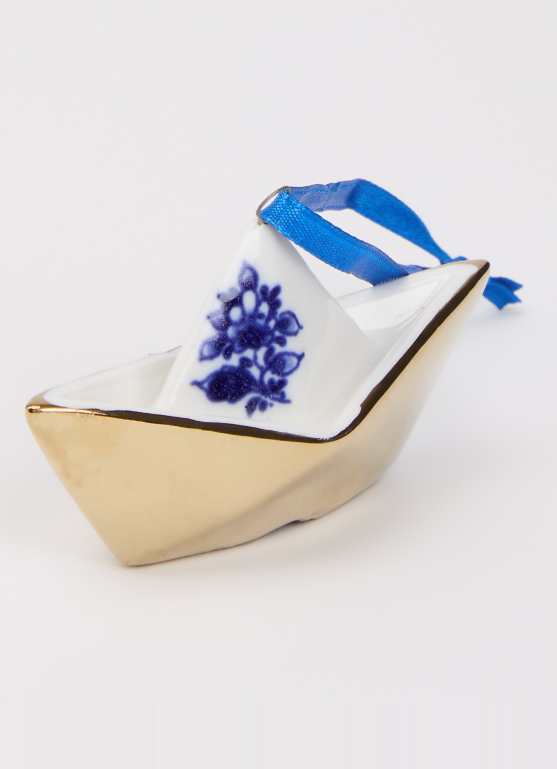 Heinen Delfts Blauw Origami Boot kersthanger 4 cm - detail gebroken wit