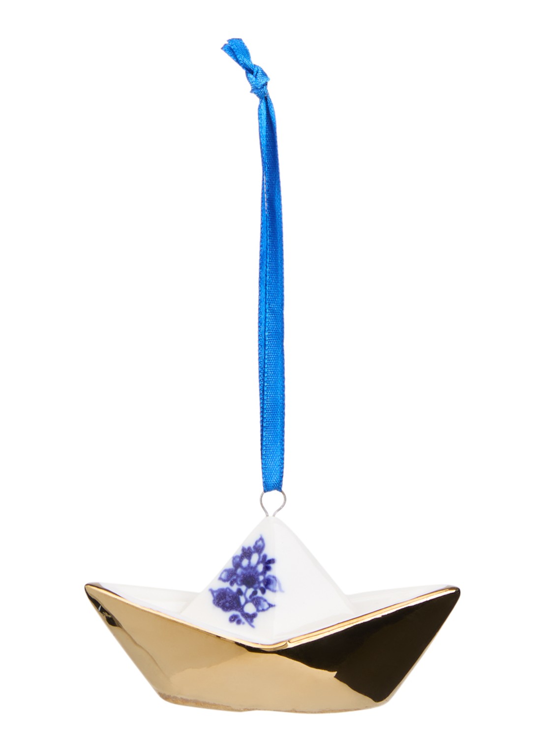 Heinen Delfts Blauw Origami Boot kersthanger 4 cm - voorkant 2 gebroken wit