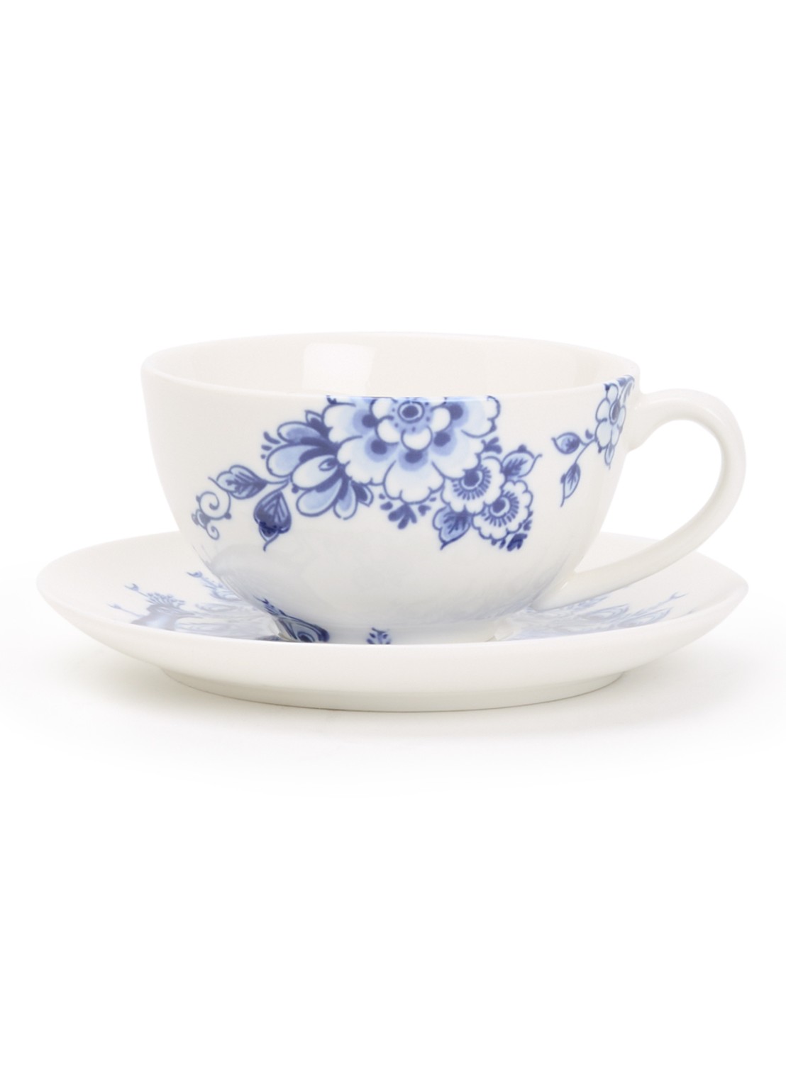 Heinen Delfts Blauw Paauw Blauw kop en schotel - voorkant wit