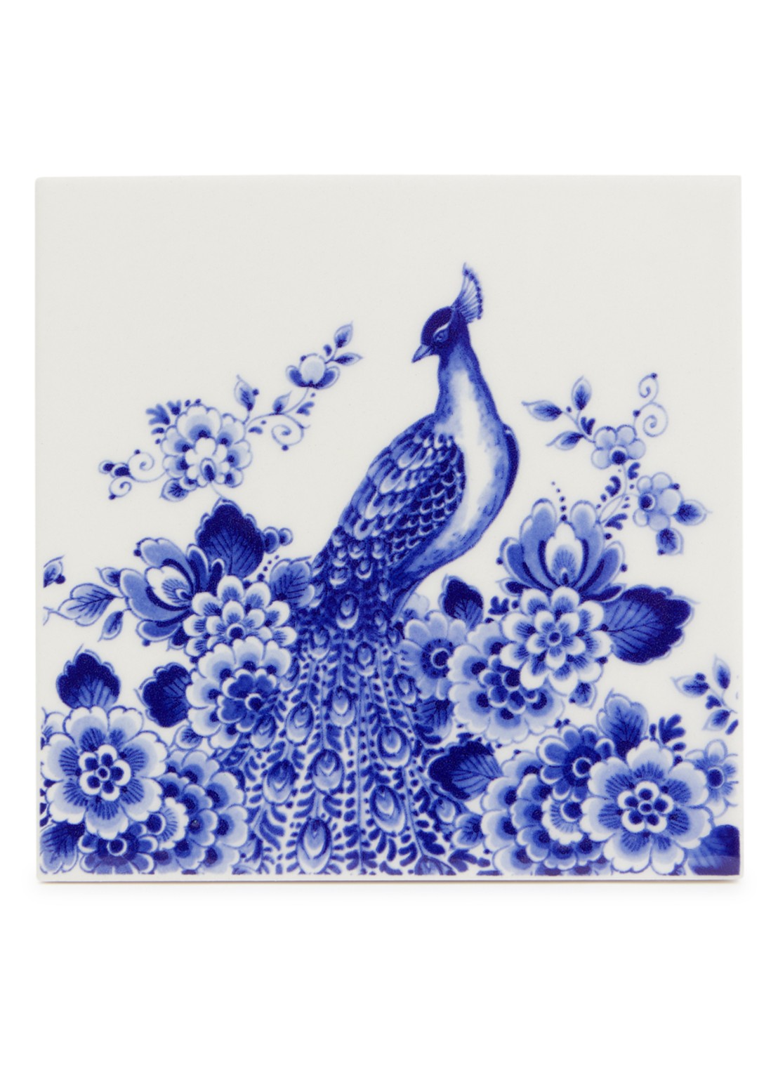 Heinen Delfts Blauw Pauw wandtegel 13 cm - voorkant blauw