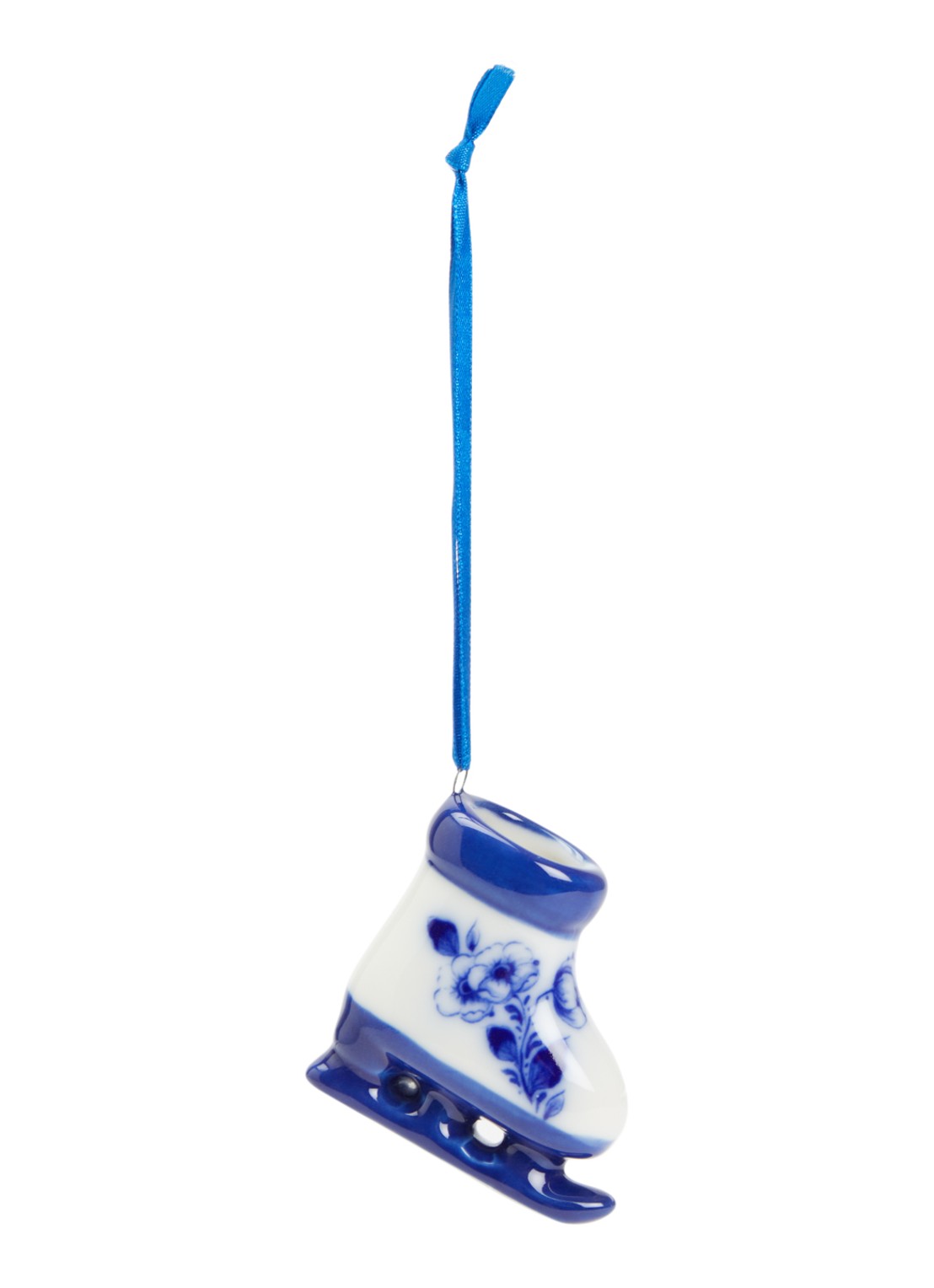 Heinen Delfts Blauw Schaats kersthanger 5 cm - voorkant gebroken wit