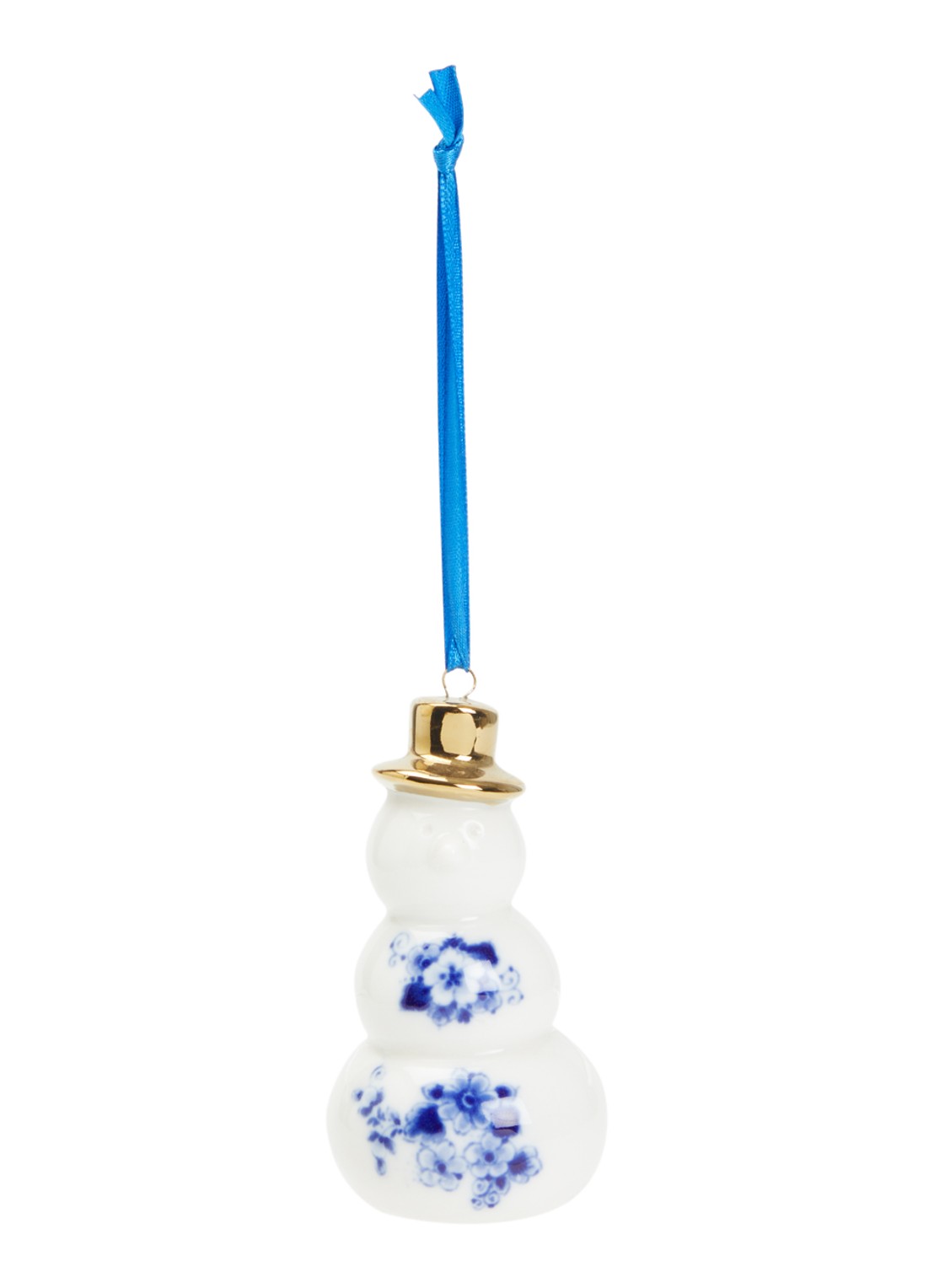 Heinen Delfts Blauw Sneeuwpop kersthanger 8 cm - voorkant 2 gebroken wit