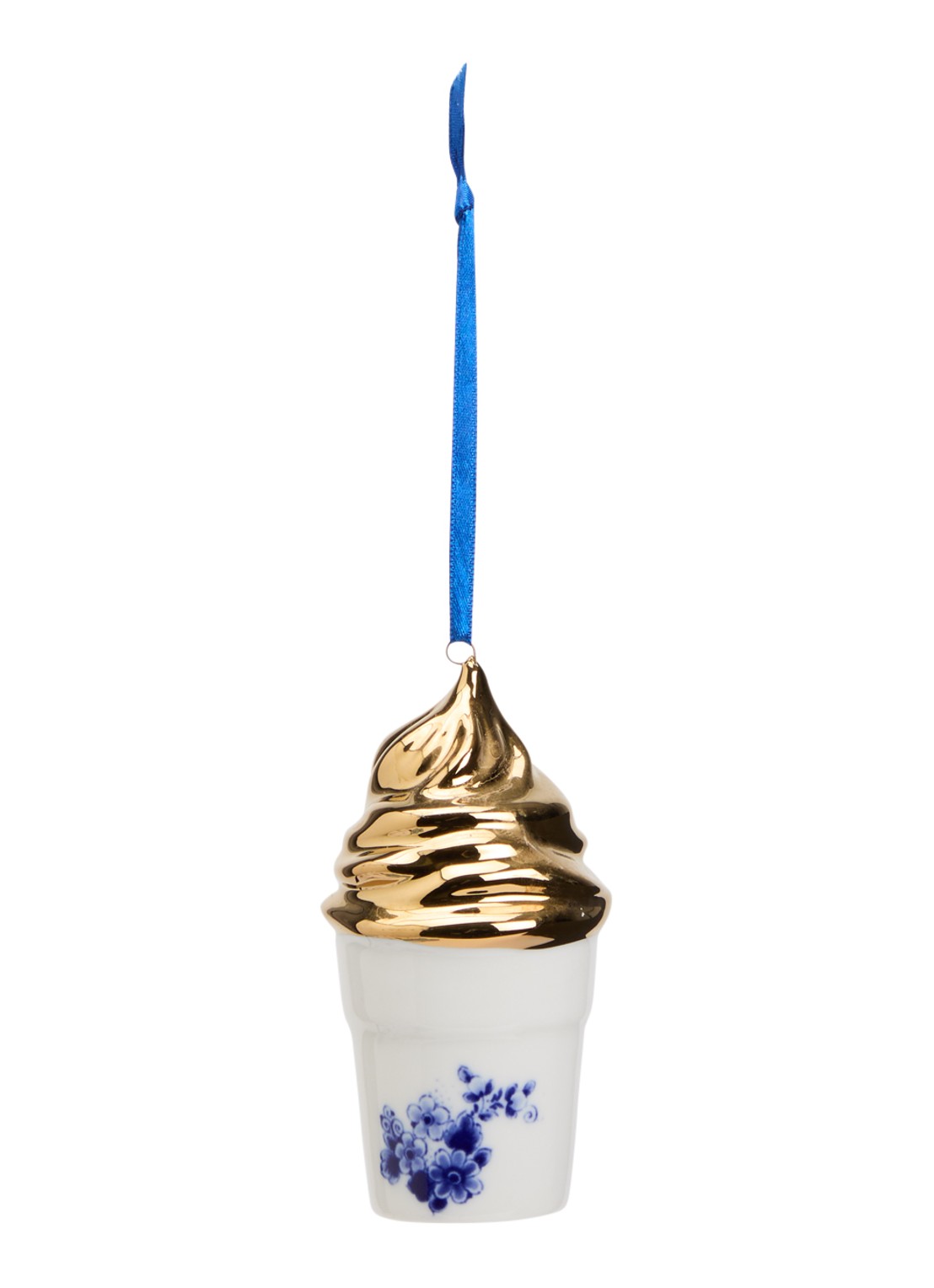 Heinen Delfts Blauw Softijsje kersthanger 9,5 cm - voorkant goud