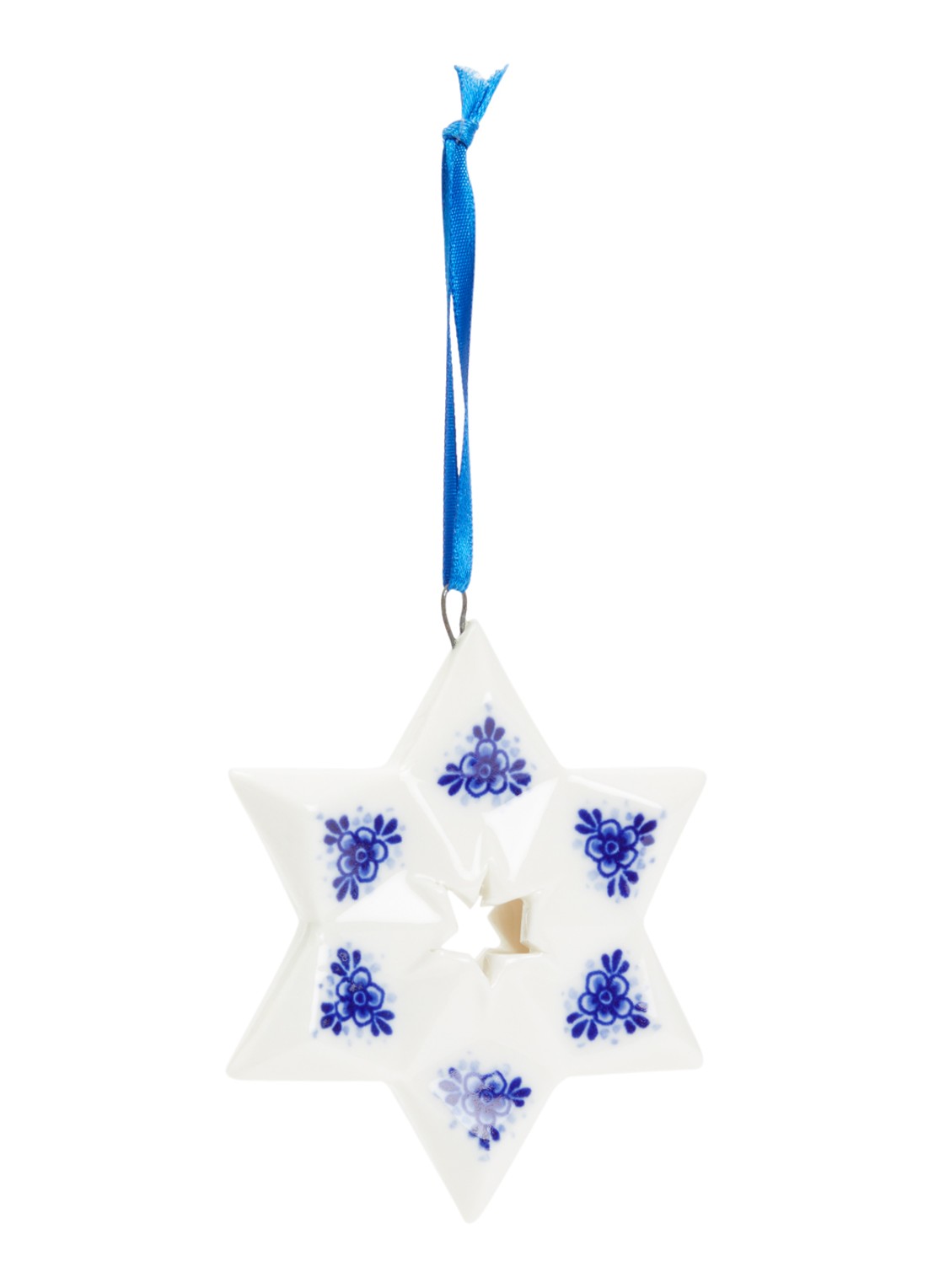 Heinen Delfts Blauw Ster 2 kersthanger 8,5 cm - voorkant gebroken wit