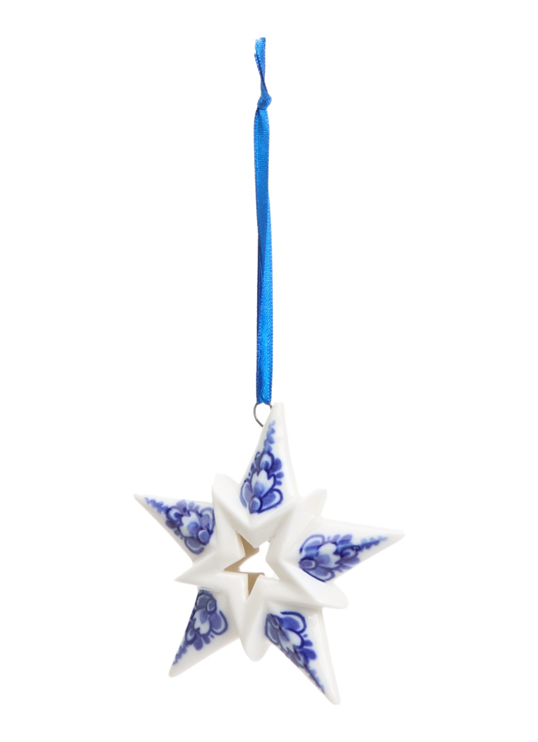 Heinen Delfts Blauw Ster 3 kersthanger 9 cm - voorkant gebroken wit
