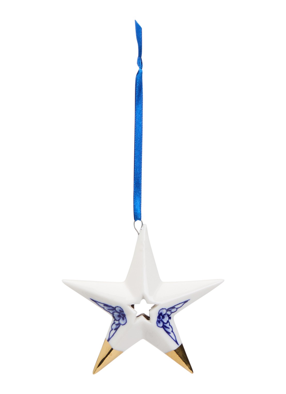 Heinen Delfts Blauw Ster 4 kersthanger 8,5 cm - voorkant gebroken wit