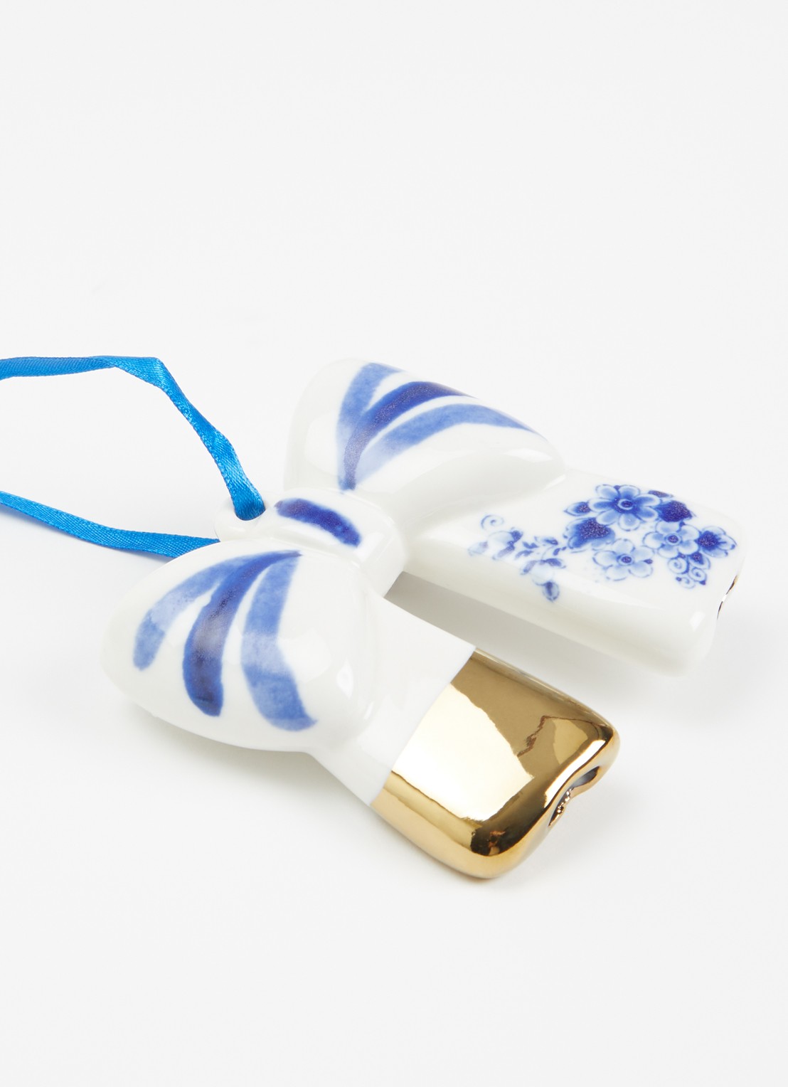 Heinen Delfts Blauw Strik Goud kersthanger 7,5 cm - detail 2 gebroken wit