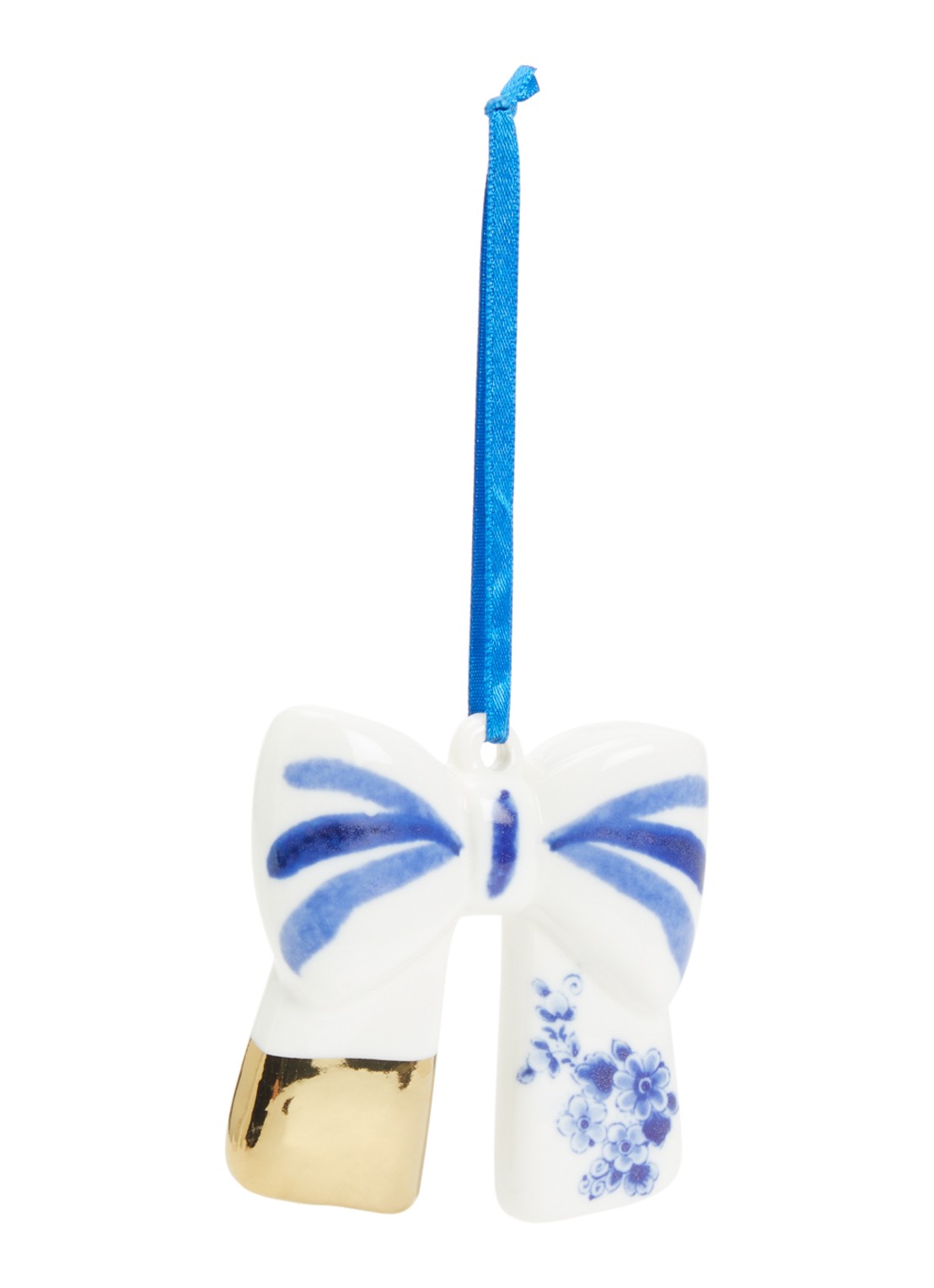 Heinen Delfts Blauw Strik Goud kersthanger 7,5 cm - voorkant gebroken wit