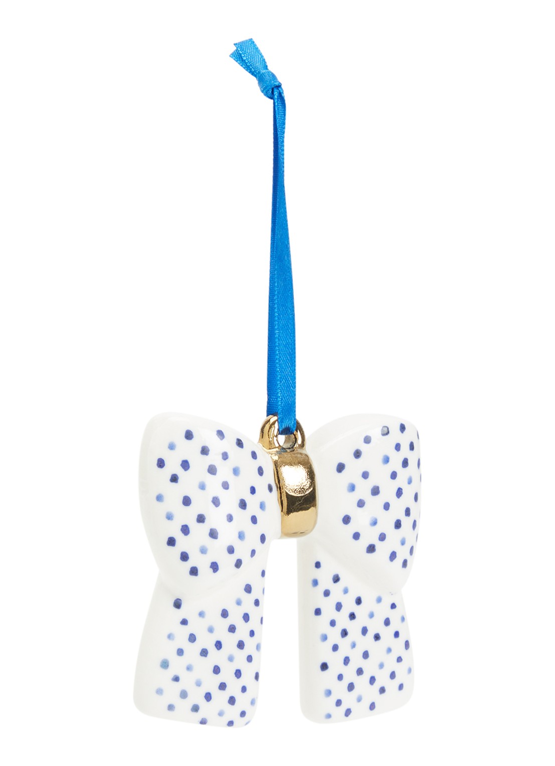Heinen Delfts Blauw Strik Stippen kersthanger 7,5 cm - voorkant gebroken wit
