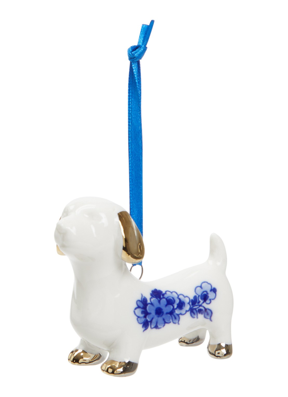 Heinen Delfts Blauw Teckel kersthanger 5,5 cm - voorkant gebroken wit