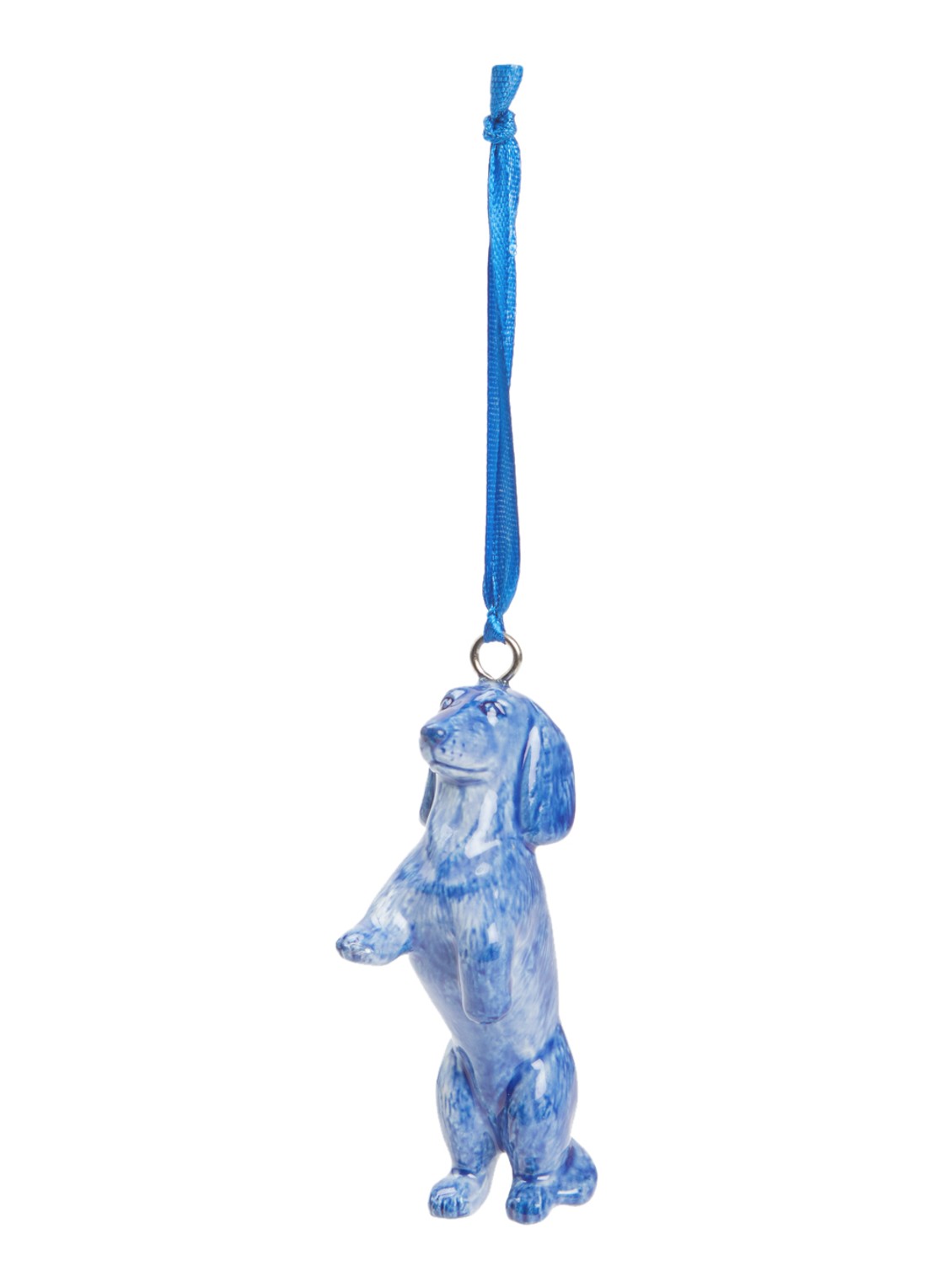 Heinen Delfts Blauw Teckel Nhaan Bedelen kersthanger 9 cm - voorkant royalblauw