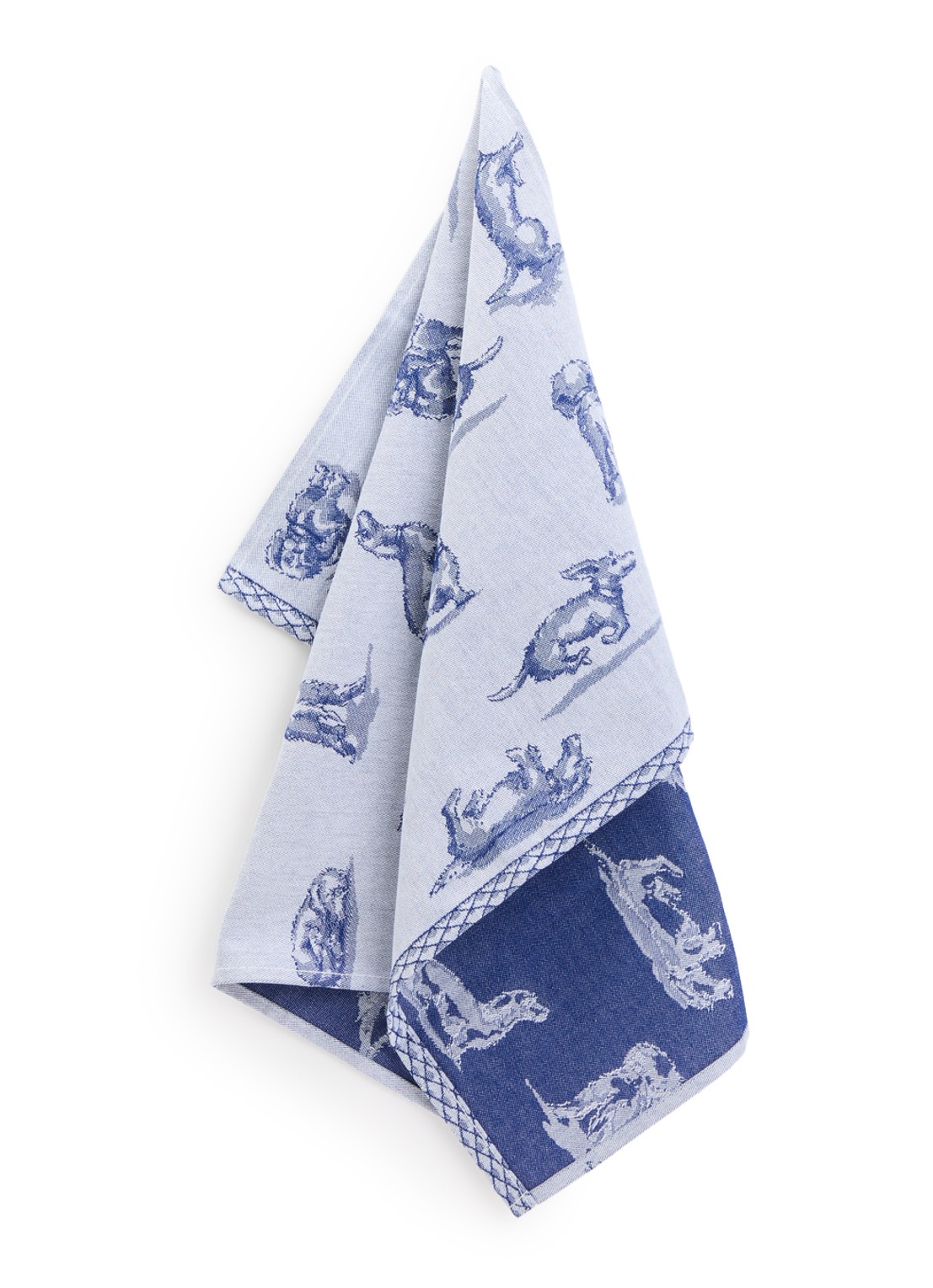 Heinen Delfts Blauw Teckel Nhaan theedoek 70 x 50 cm - voorkant blauw