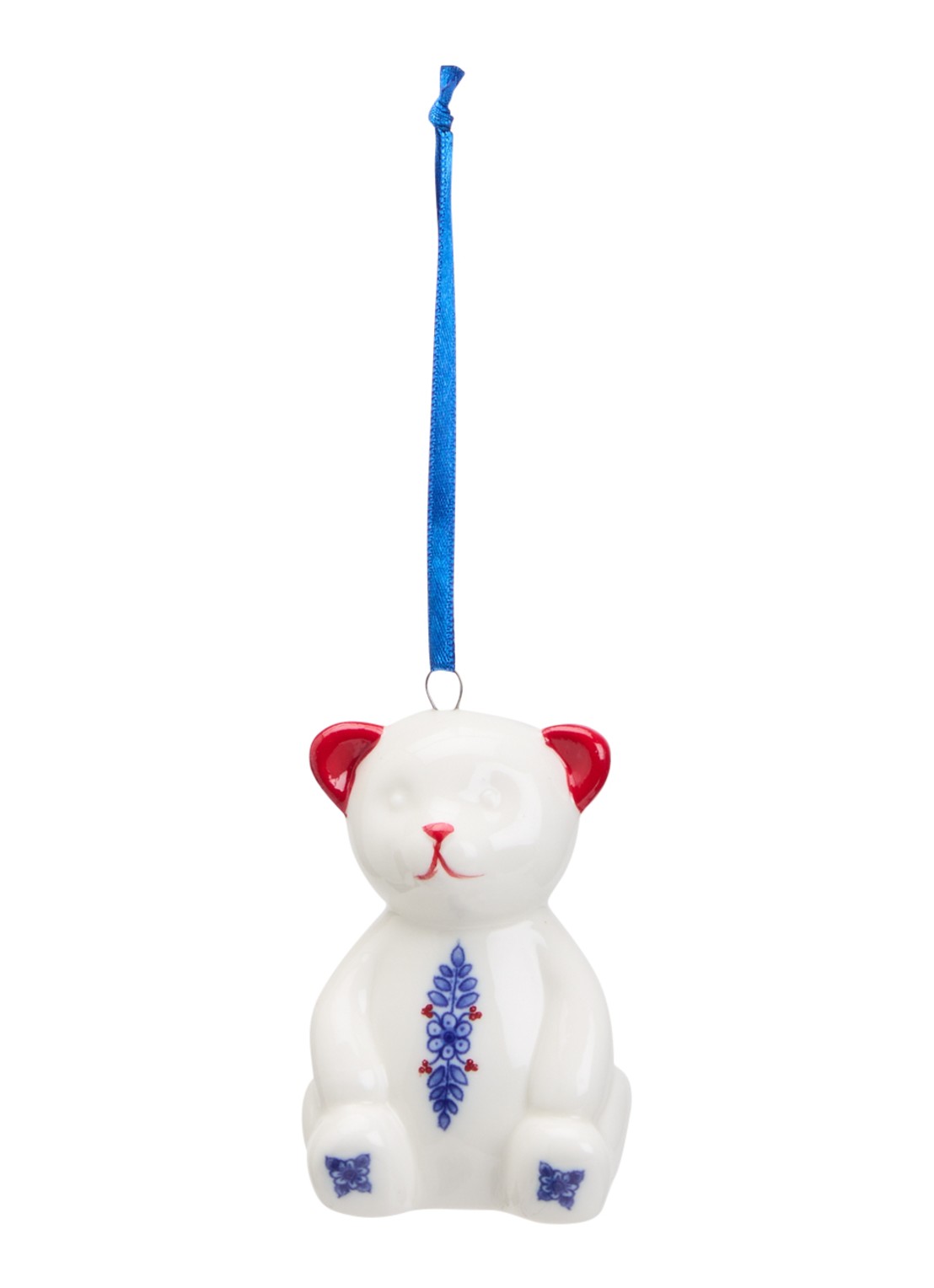 Heinen Delfts Blauw Teddybeer kersthanger 7,5 cm - voorkant 2 gebroken wit