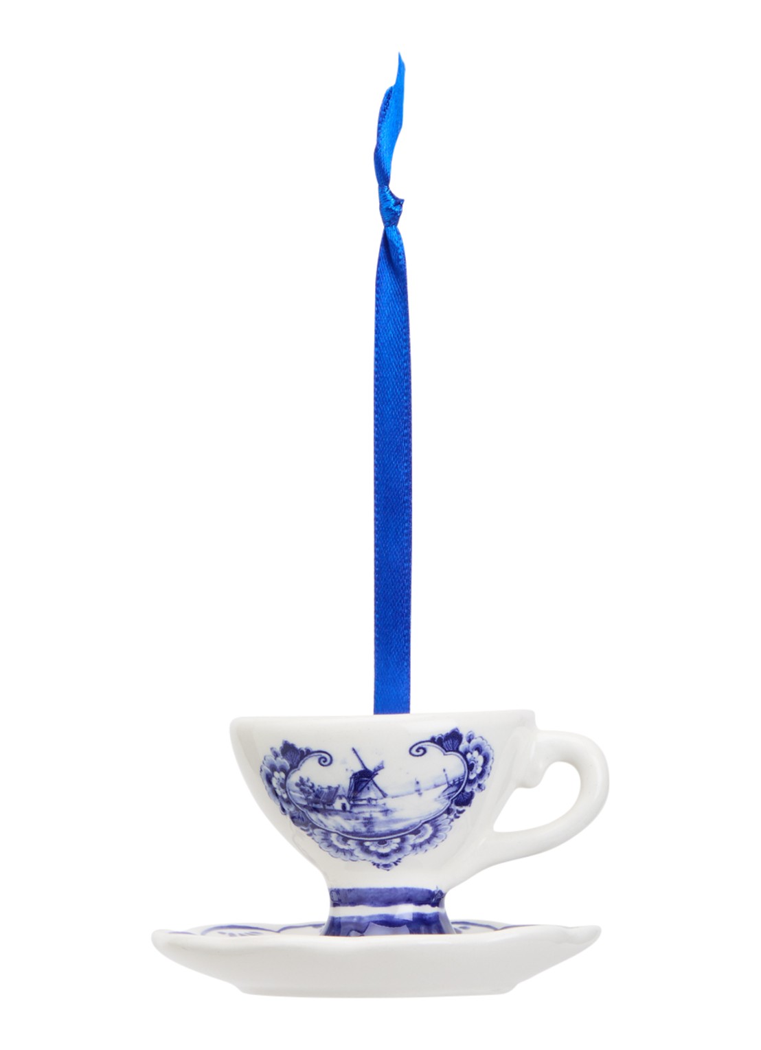 Heinen Delfts Blauw Theekopje kersthanger 4,5 cm - voorkant 2 gebroken wit
