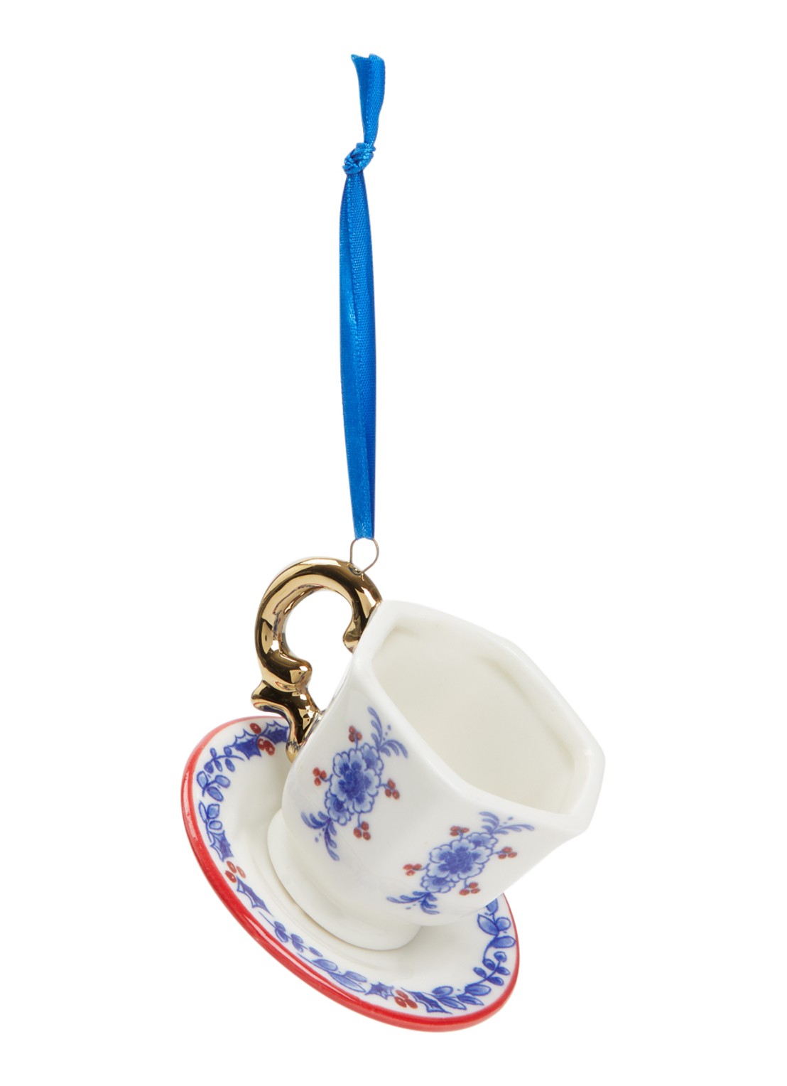 Heinen Delfts Blauw Theekopje kersthanger 9 cm - voorkant 2 gebroken wit