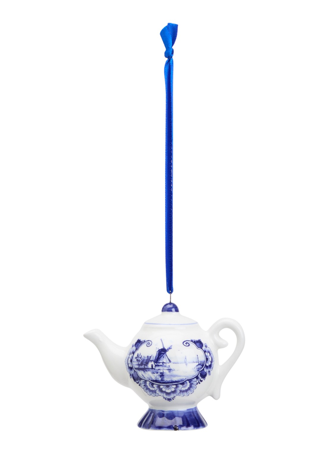 Heinen Delfts Blauw Theepotje kersthanger 7 cm - voorkant gebroken wit