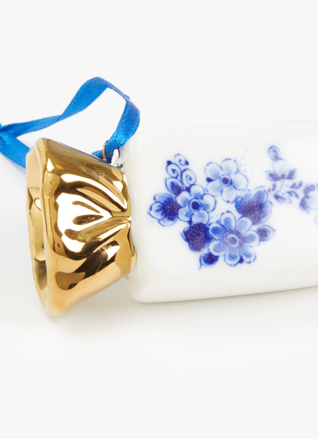 Heinen Delfts Blauw Toffee Goud kersthanger 7,5 cm - detail gebroken wit