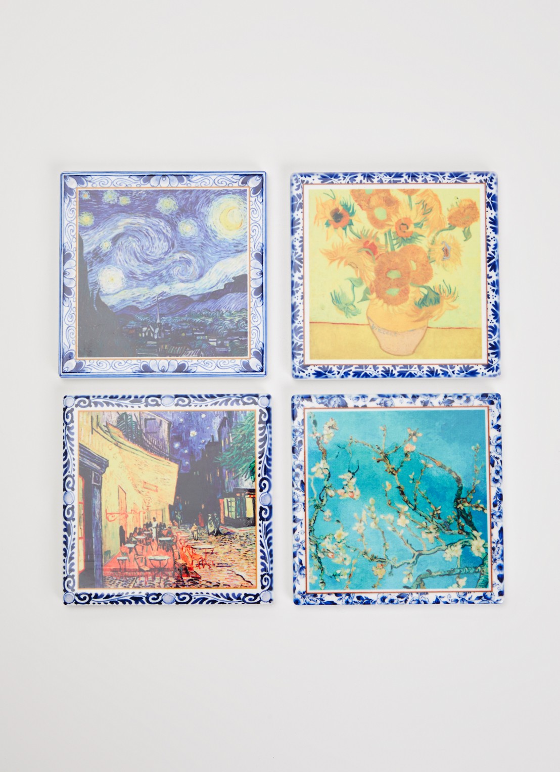 Heinen Delfts Blauw Van Gogh onderzetter set van 4 - voorkant 2 blauw