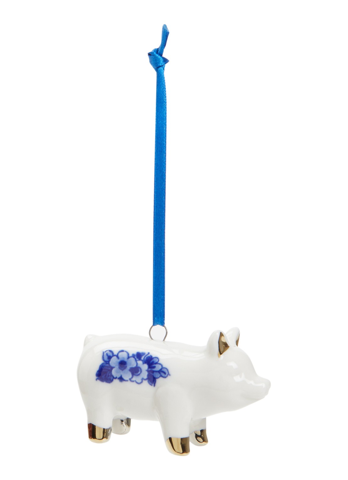 Heinen Delfts Blauw Varken kersthanger 4 cm - voorkant gebroken wit