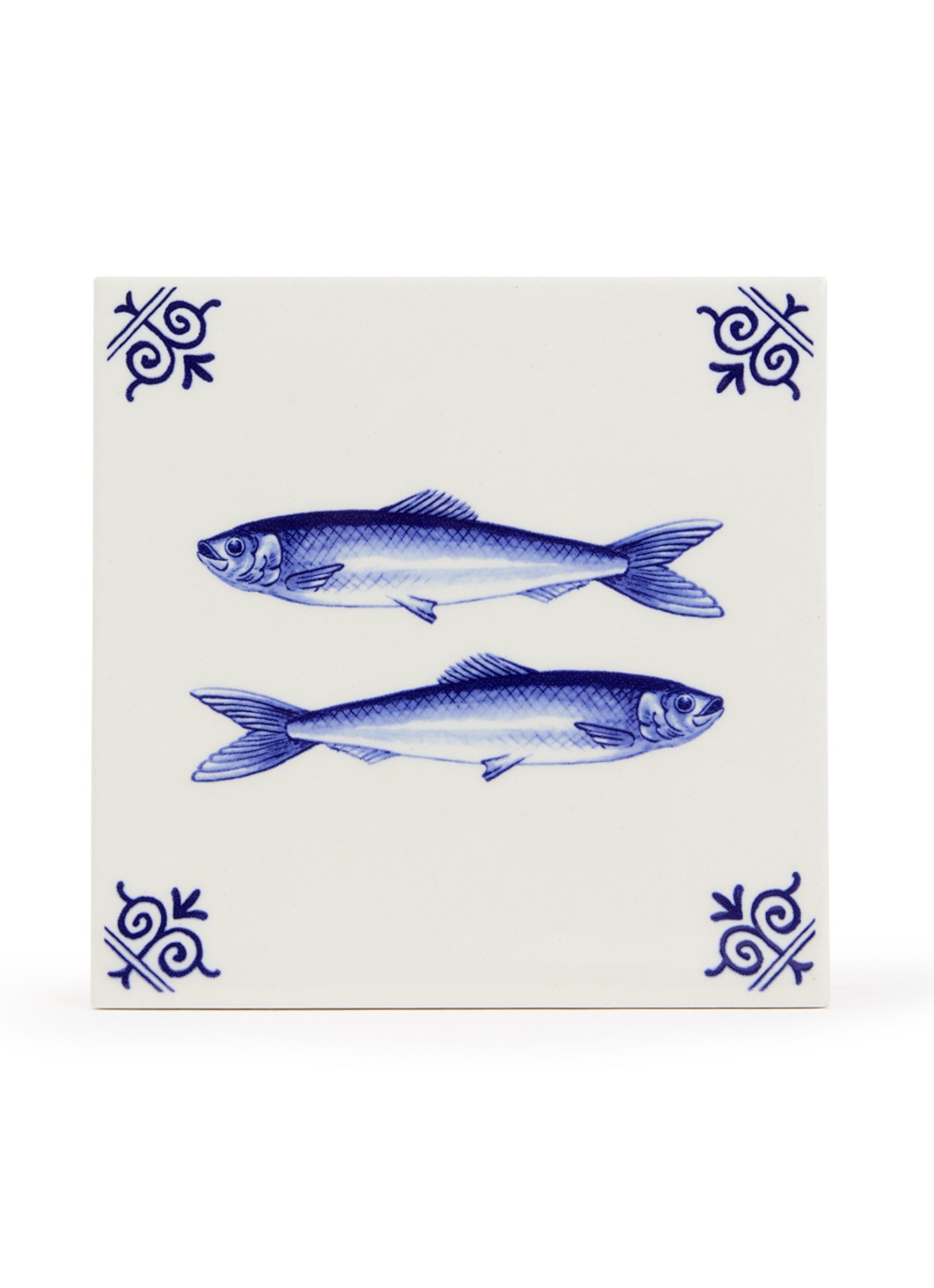 Heinen Delfts Blauw Vissen wandtegel 13 cm - voorkant blauw