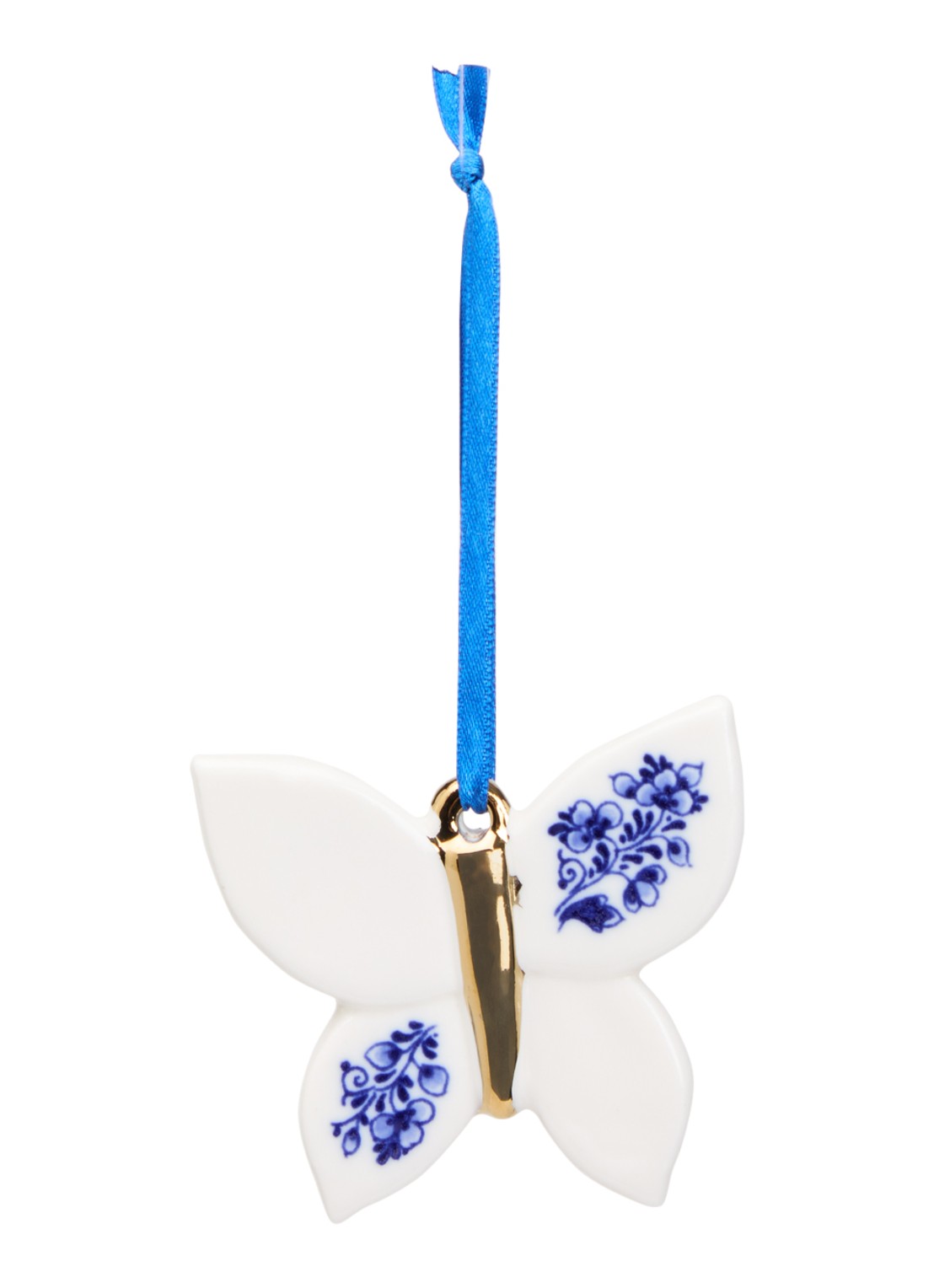 Heinen Delfts Blauw Vlinder kersthanger 6 cm - voorkant 2 gebroken wit