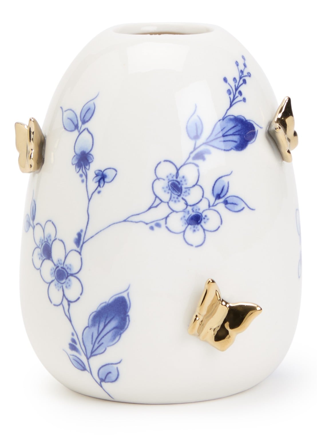 Heinen Delfts Blauw Vlindergoud vaas 11 cm - voorkant gebroken wit